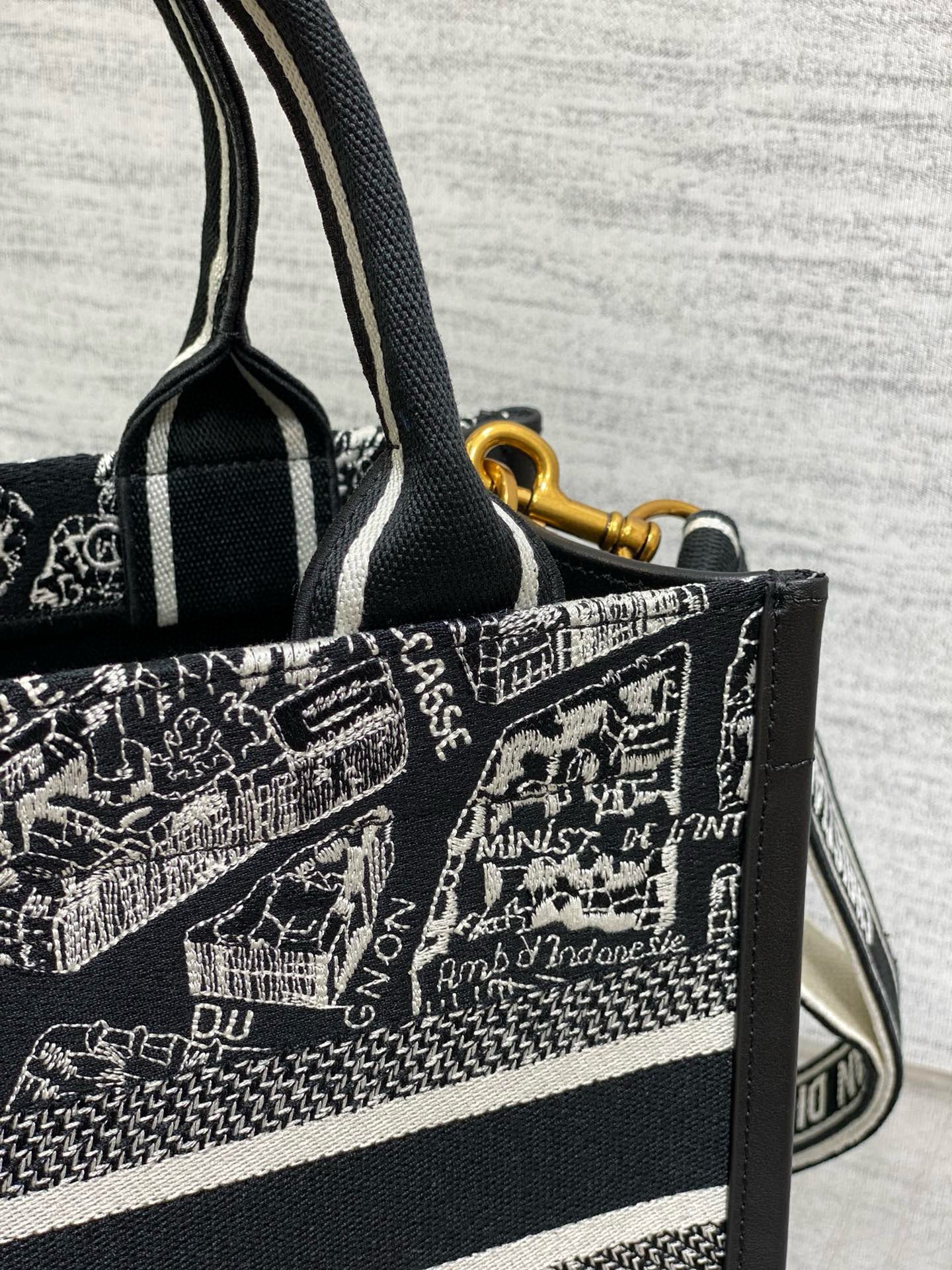 Dior Small Book Tote Bag with Strap in Plan de Paris Embroidery and Black Calfskin