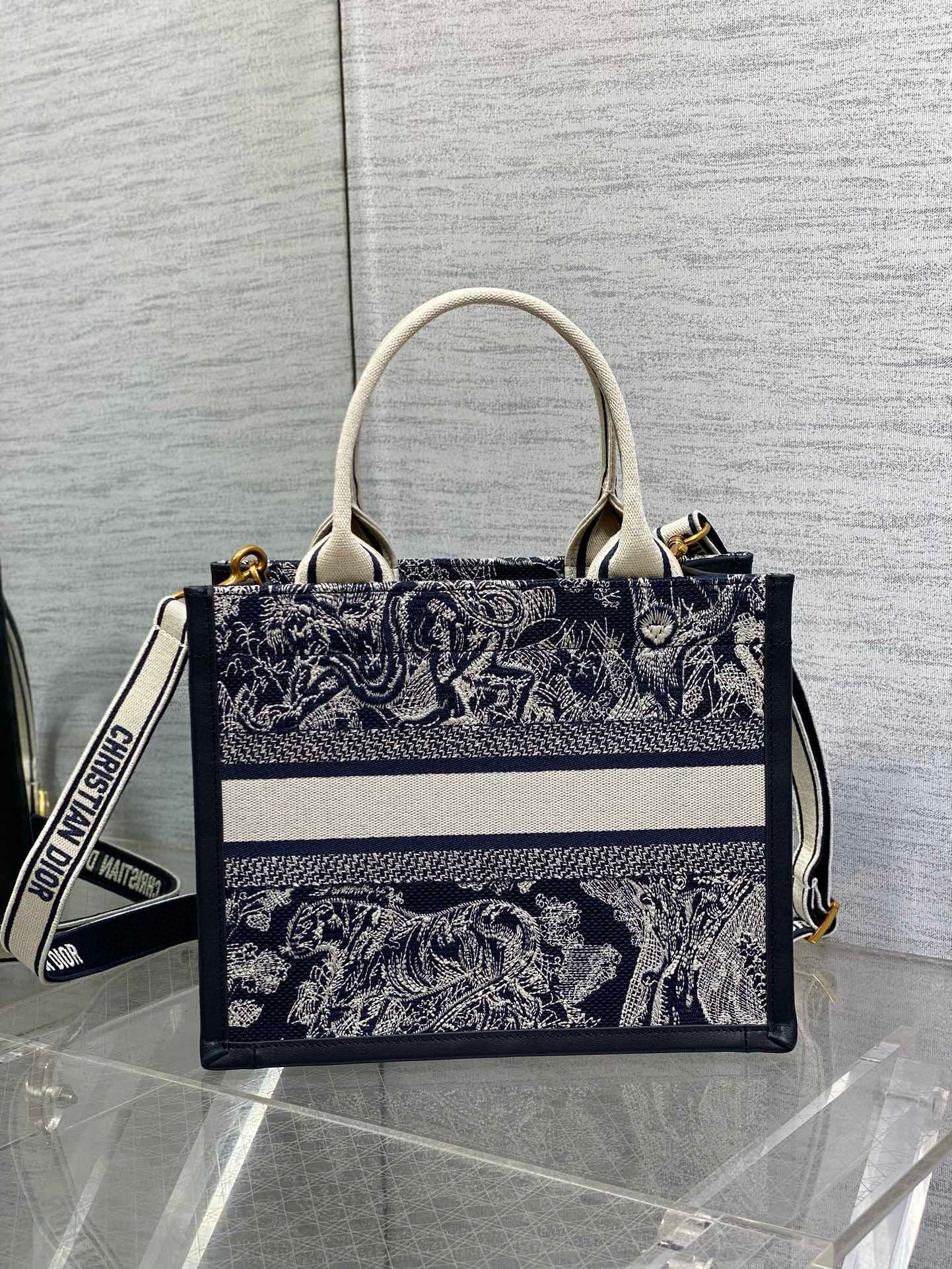 Dior Small Book Tote Bag with Strap in Toile de Jouy Reverse Embroidery and Blue Calfskin