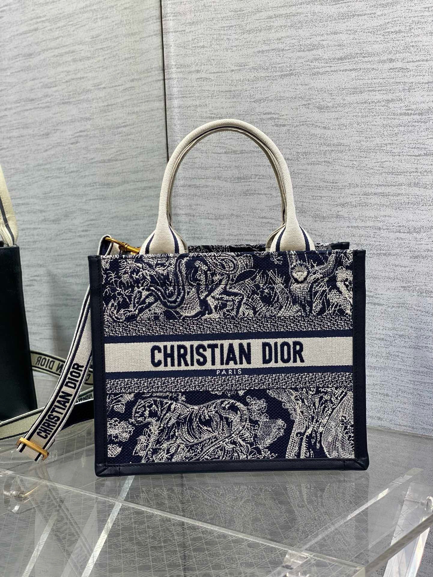 Dior Small Book Tote Bag with Strap in Toile de Jouy Reverse Embroidery and Blue Calfskin