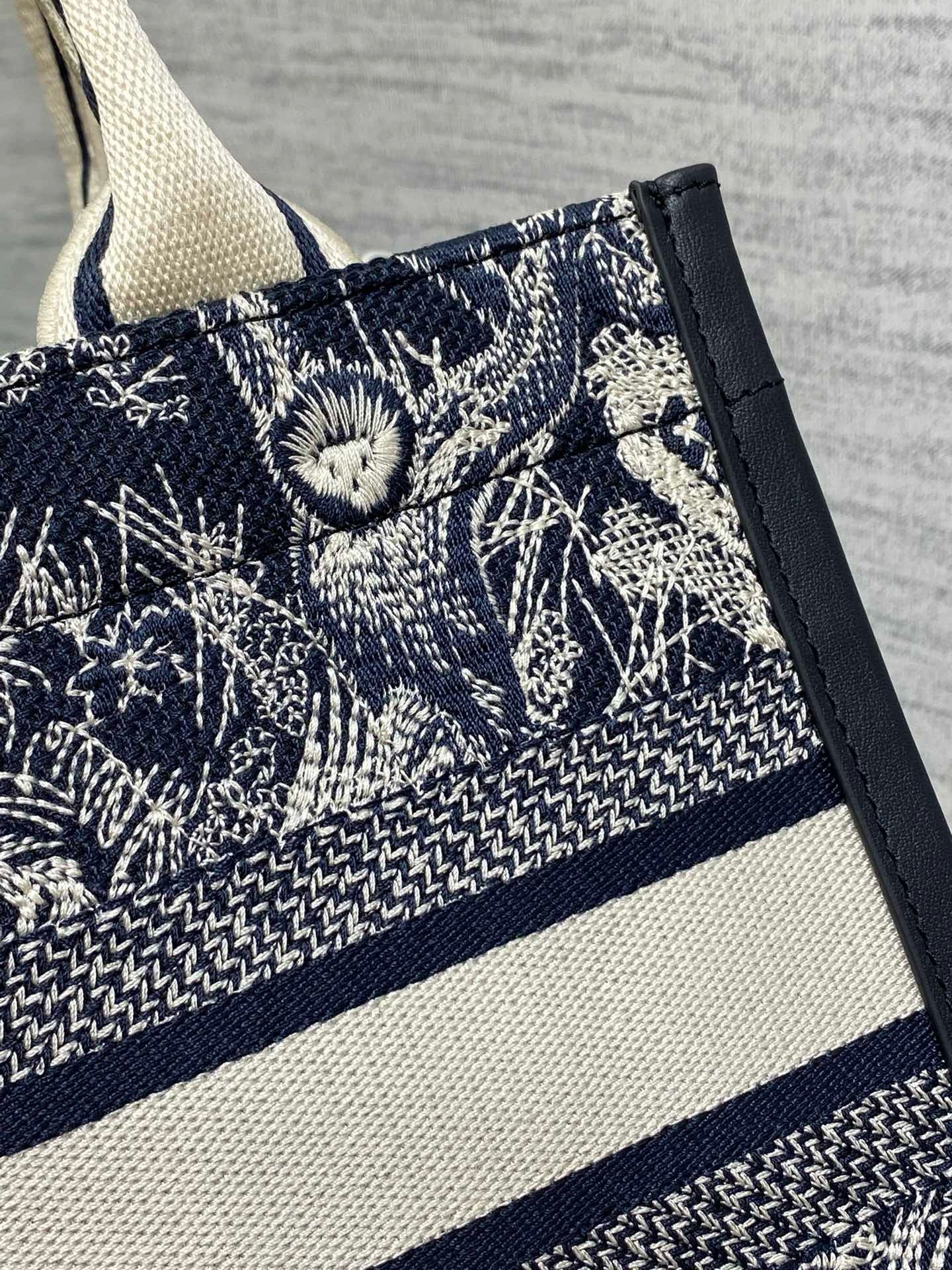 Dior Small Book Tote Bag with Strap in Toile de Jouy Reverse Embroidery and Blue Calfskin