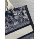 Dior Small Book Tote Bag with Strap in Toile de Jouy Reverse Embroidery and Blue Calfskin