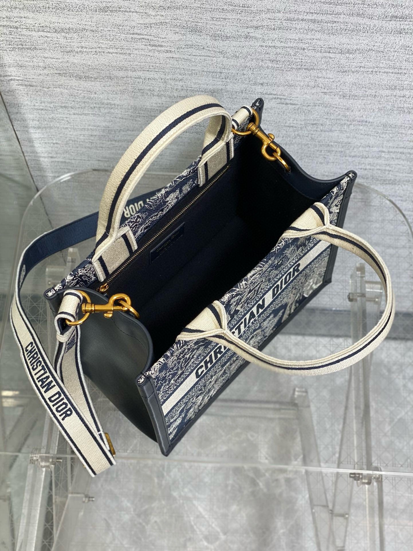 Dior Small Book Tote Bag with Strap in Toile de Jouy Reverse Embroidery and Blue Calfskin