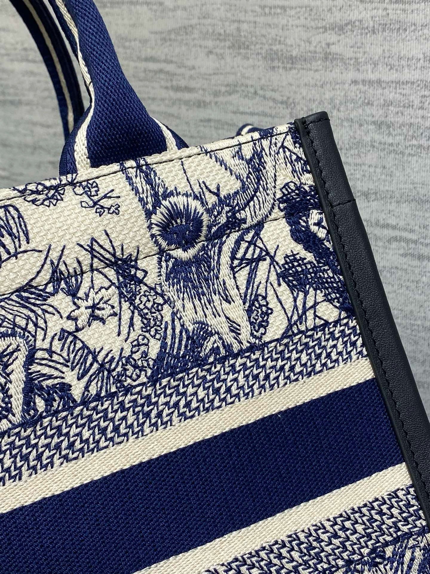 Dior Small Book Tote Bag with Strap in Toile de Jouy Sauvage Embroidery with Blue Calfskin