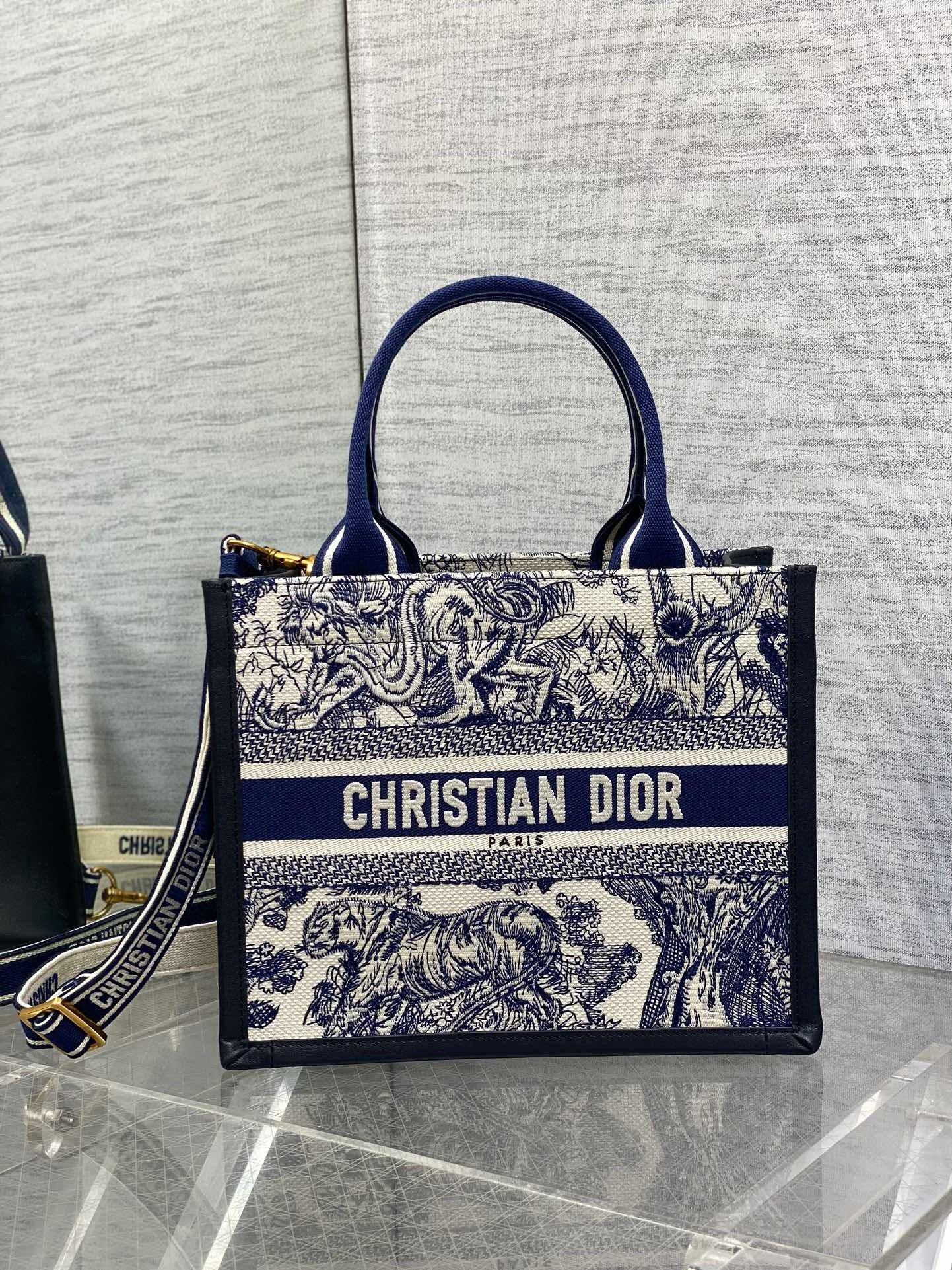 Dior Small Book Tote Bag with Strap in Toile de Jouy Sauvage Embroidery with Blue Calfskin