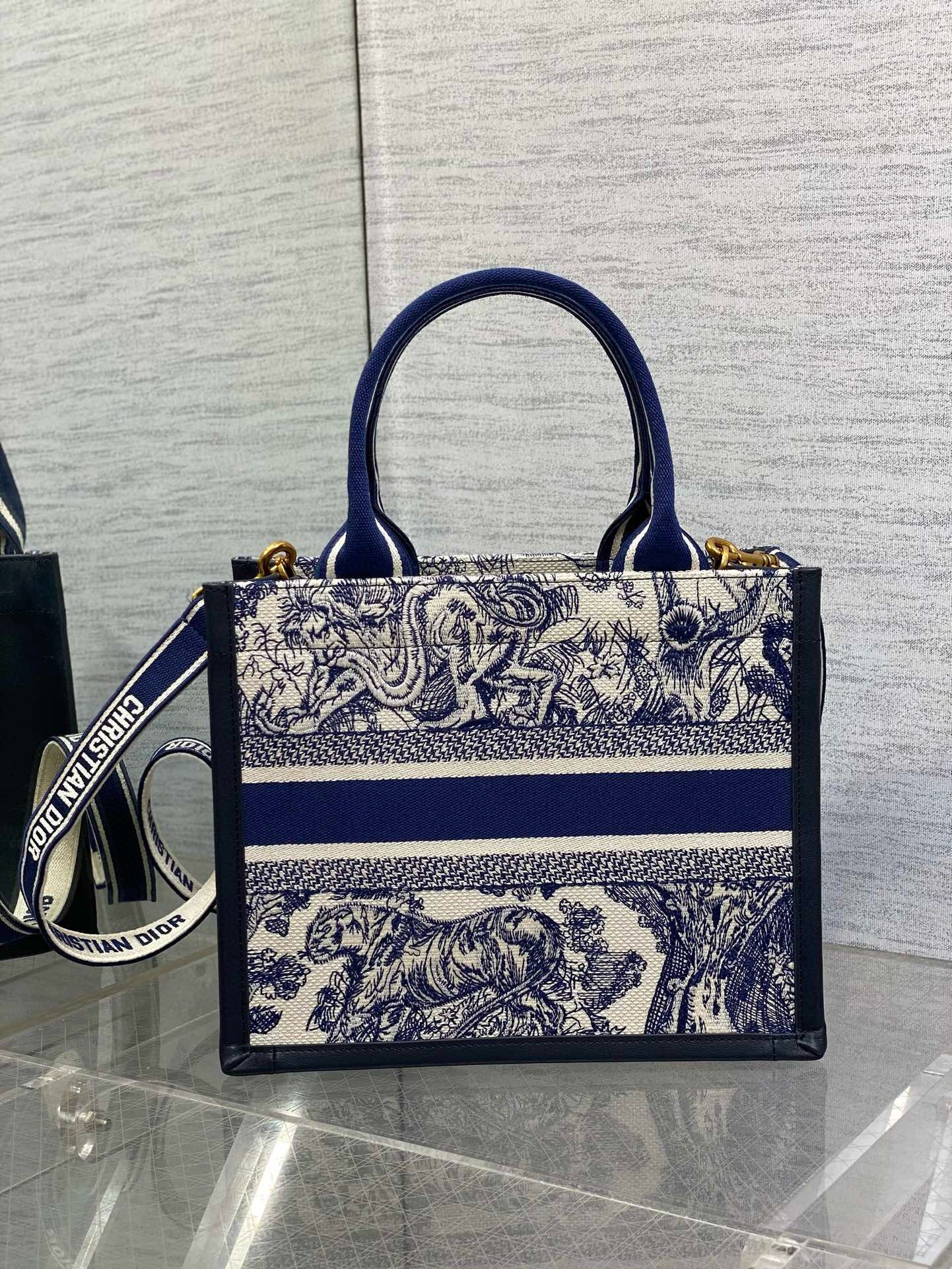 Dior Small Book Tote Bag with Strap in Toile de Jouy Sauvage Embroidery with Blue Calfskin