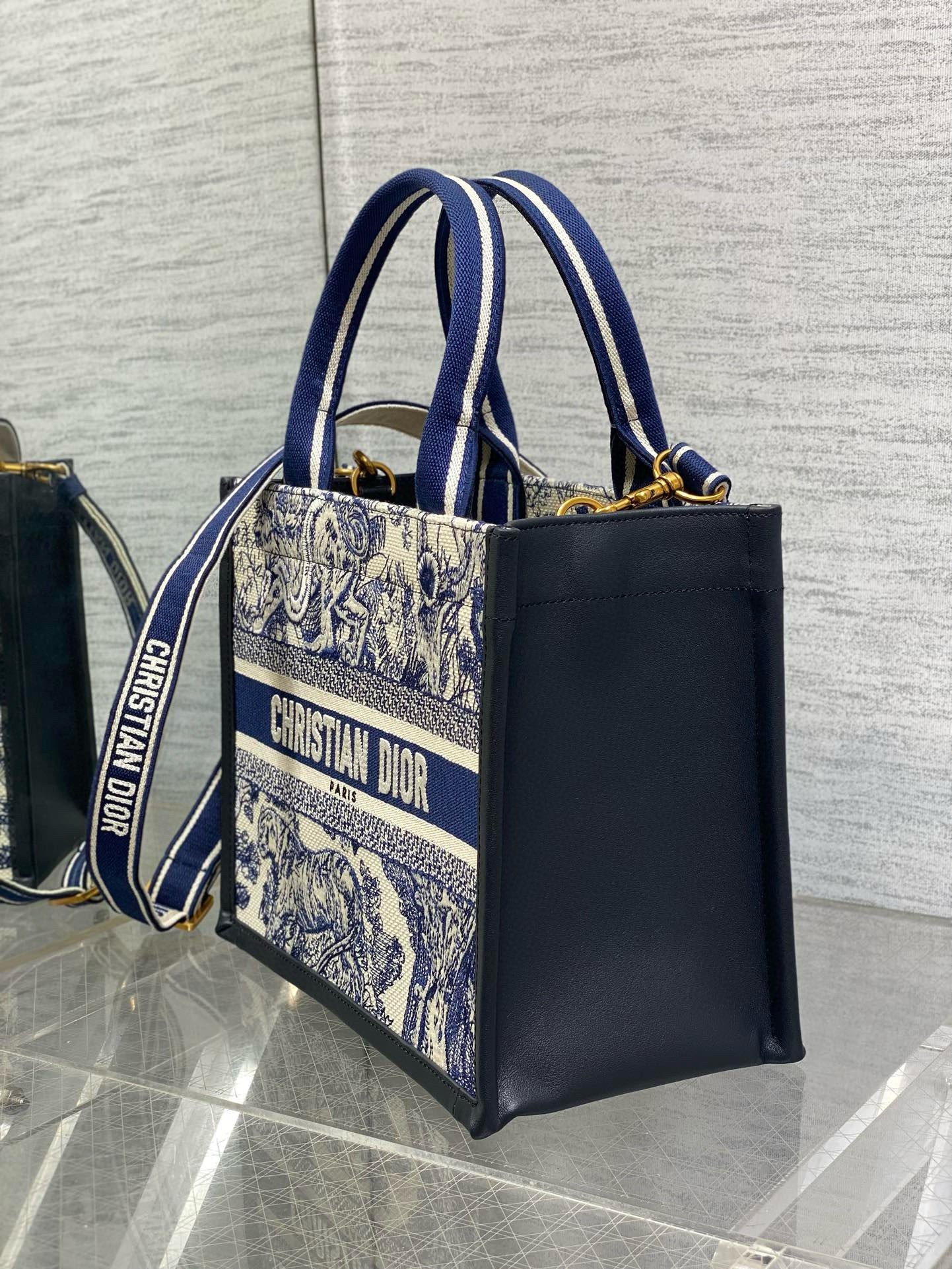 Dior Small Book Tote Bag with Strap in Toile de Jouy Sauvage Embroidery with Blue Calfskin