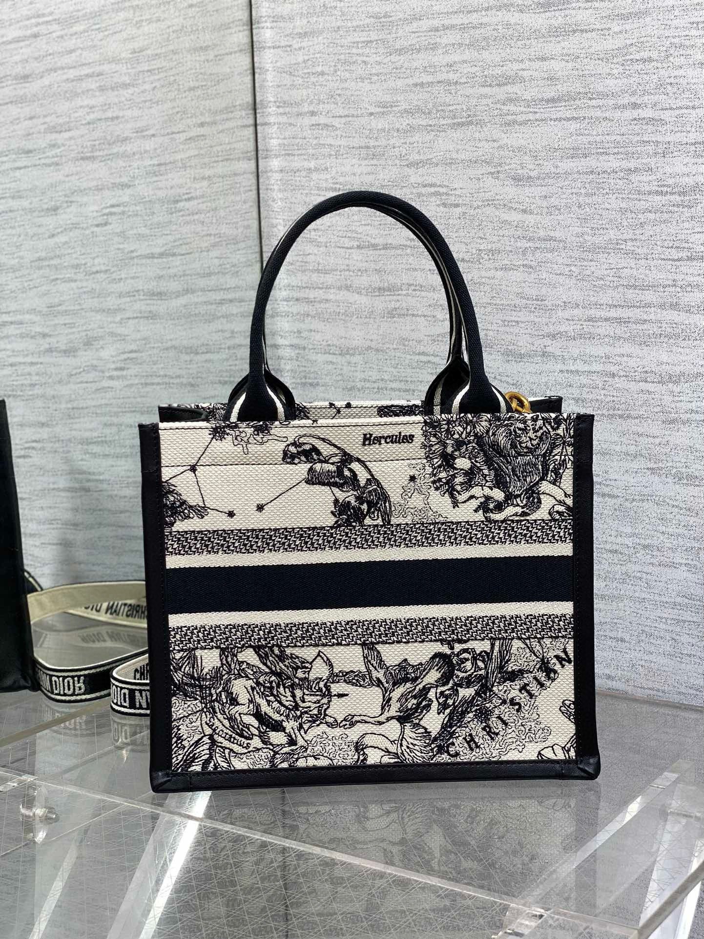 Dior Small Book Tote Bag with Strap in Zodiac Embroidery and Black Calfskin