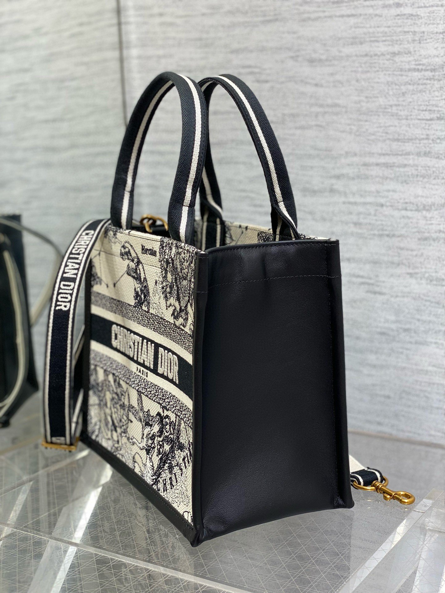 Dior Small Book Tote Bag with Strap in Zodiac Embroidery and Black Calfskin