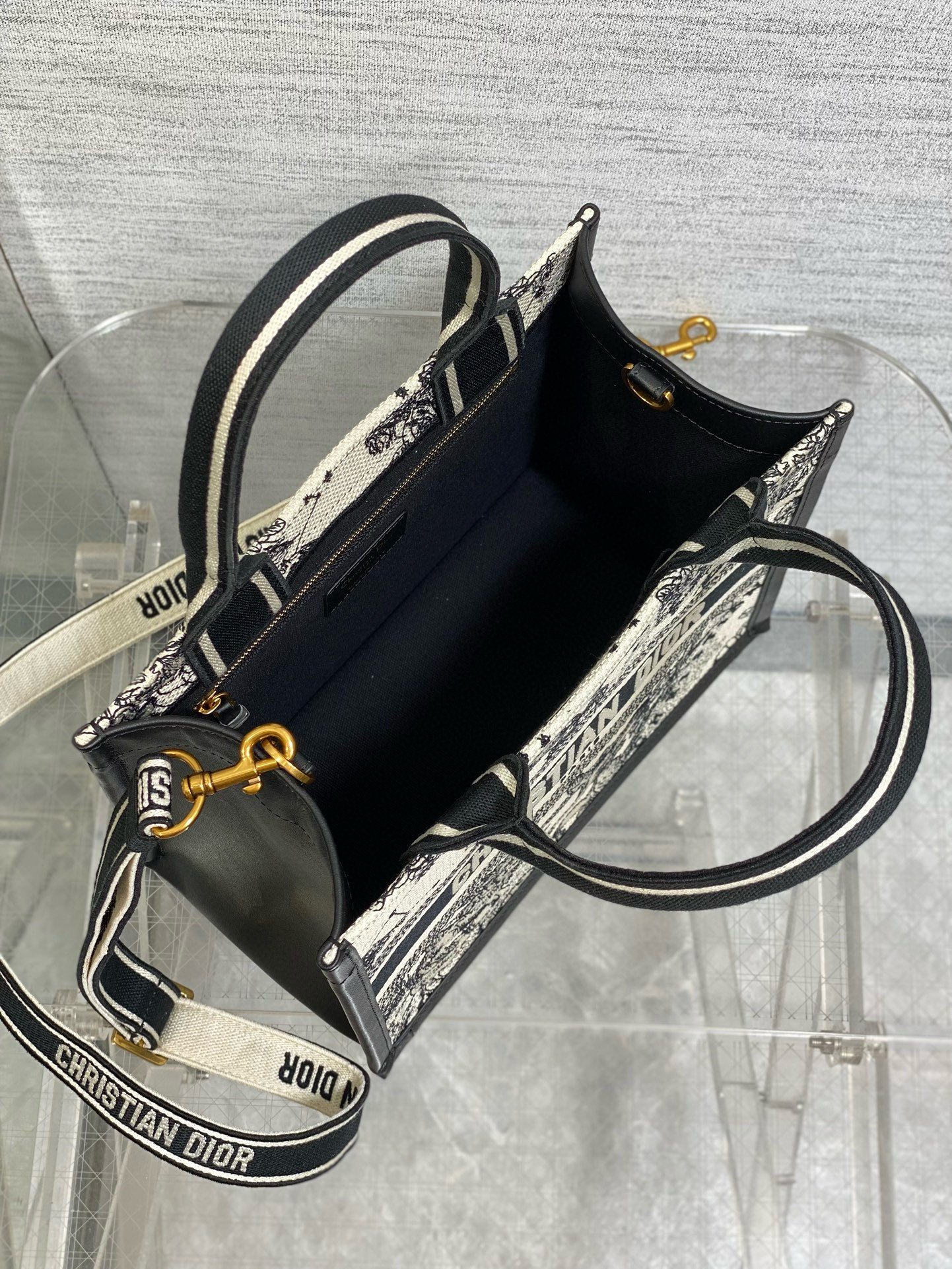 Dior Small Book Tote Bag with Strap in Zodiac Embroidery and Black Calfskin