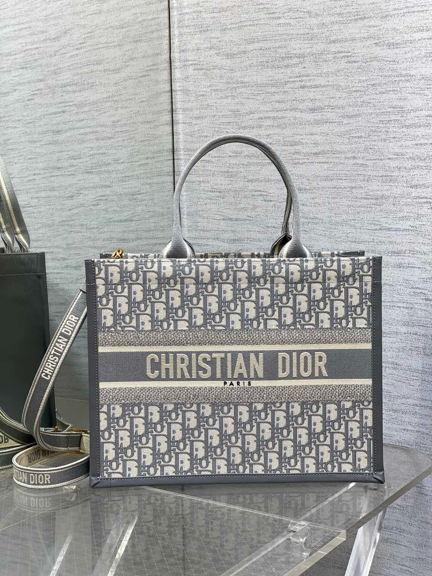 Dior Medium Book Tote Bag with Strap in Oblique Embroidery and Grey Calfskin