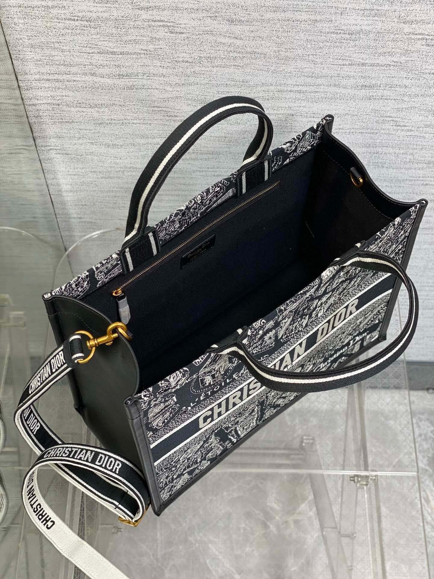 Dior Medium Book Tote Bag with Strap in Plan de Paris Embroidery and Black Calfskin