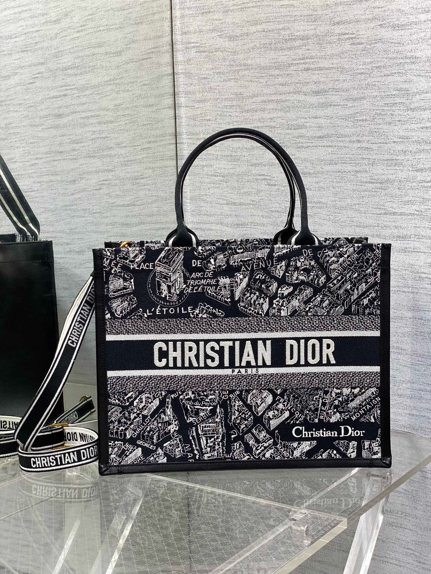 Dior Medium Book Tote Bag with Strap in Plan de Paris Embroidery and Black Calfskin