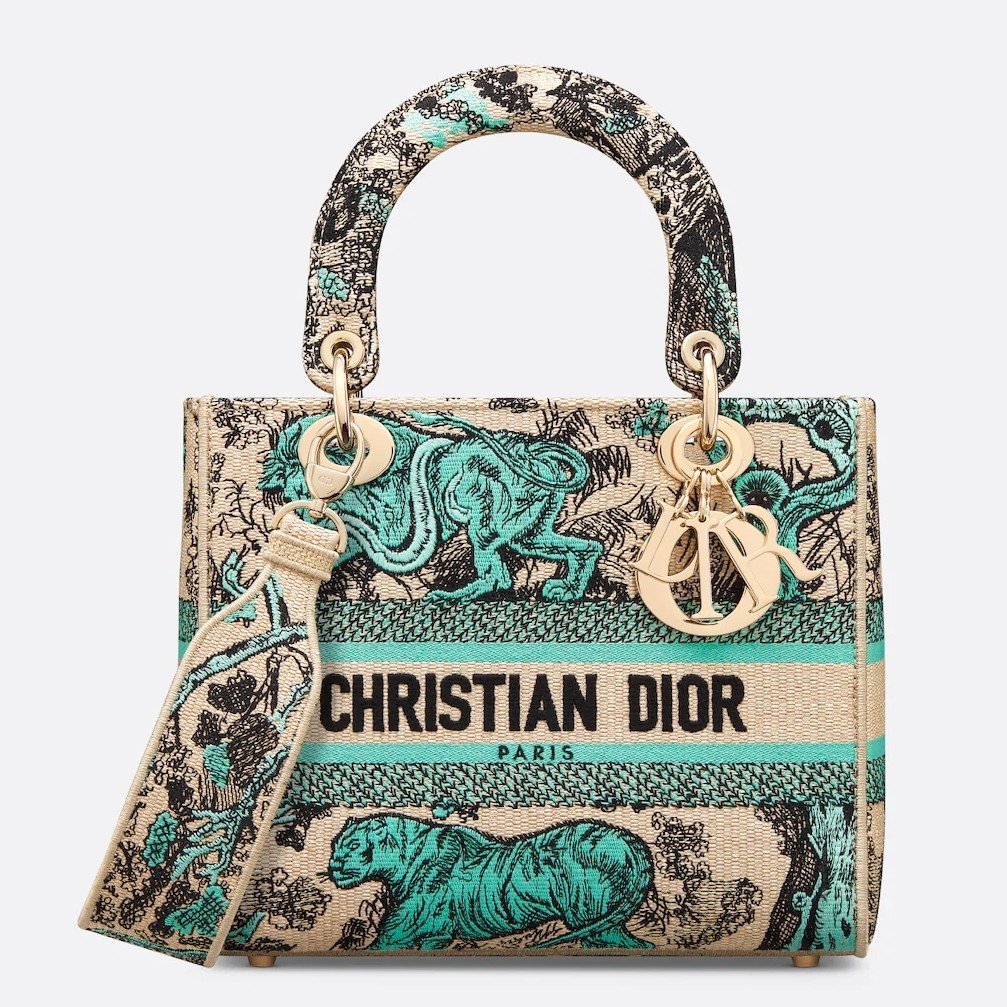 Dior Dioriviera Lady D-Lite Medium Bag in Raffia with Green Toile de Jouy Sauvage Embroidery