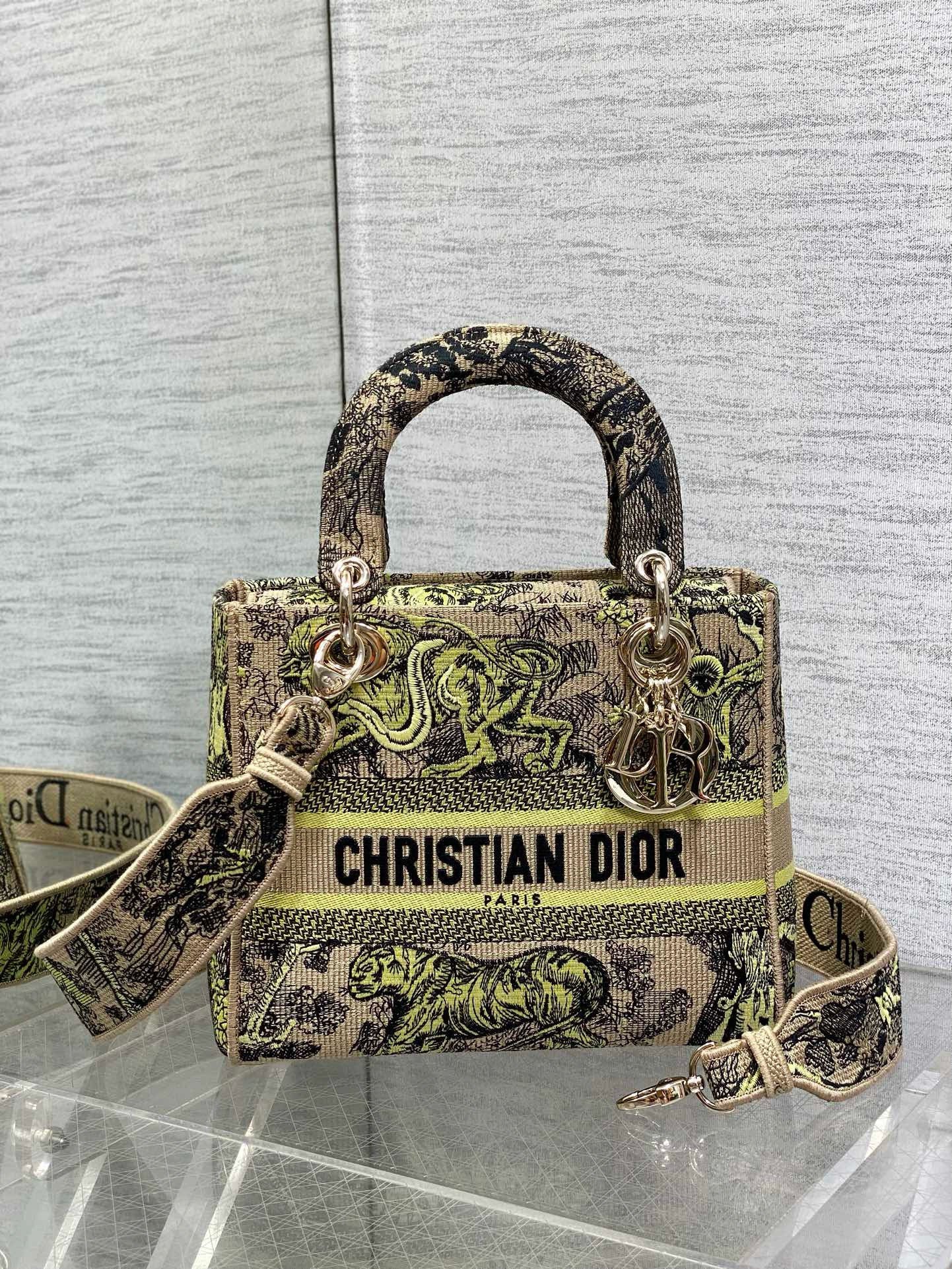 Dior Dioriviera Lady D-Lite Medium Bag in Raffia with Lime Toile de Jouy Sauvage Embroidery