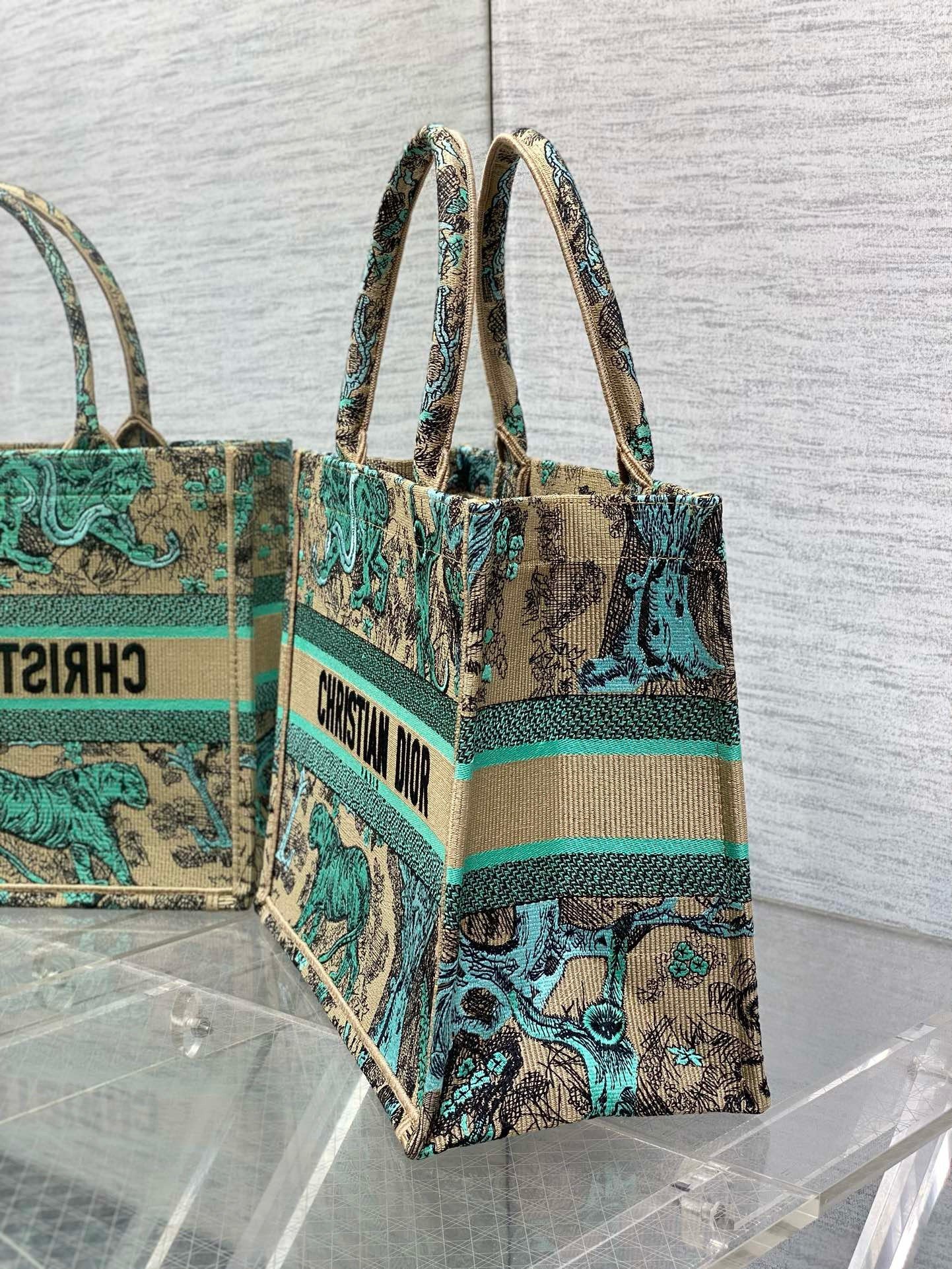 Dior Medium Dioriviera Book Tote in Raffia with Green Toile de Jouy Sauvage Embroidery