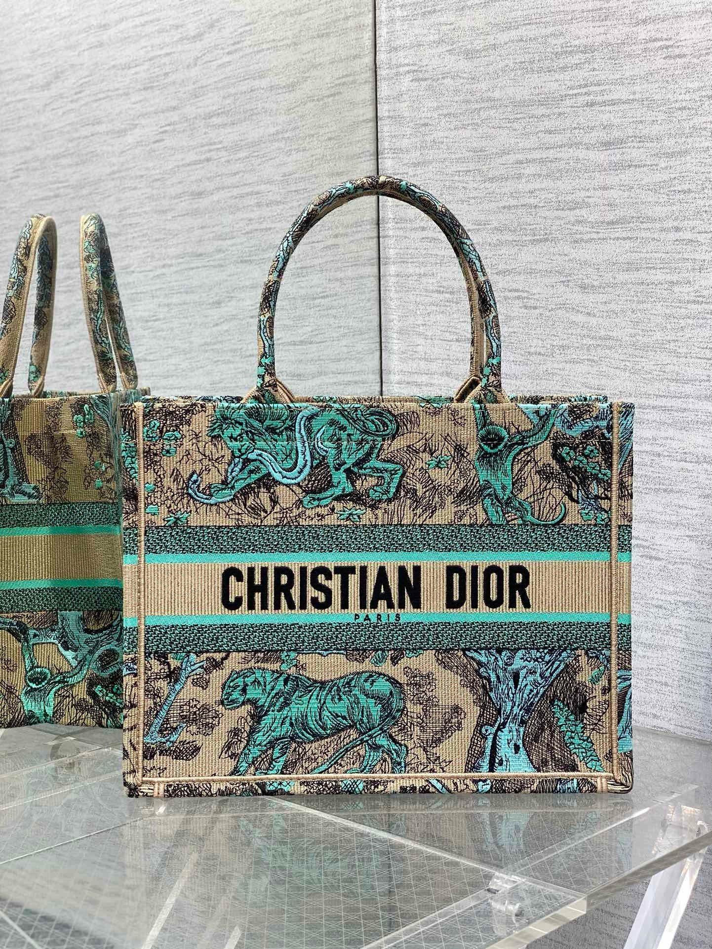 Dior Medium Dioriviera Book Tote in Raffia with Green Toile de Jouy Sauvage Embroidery