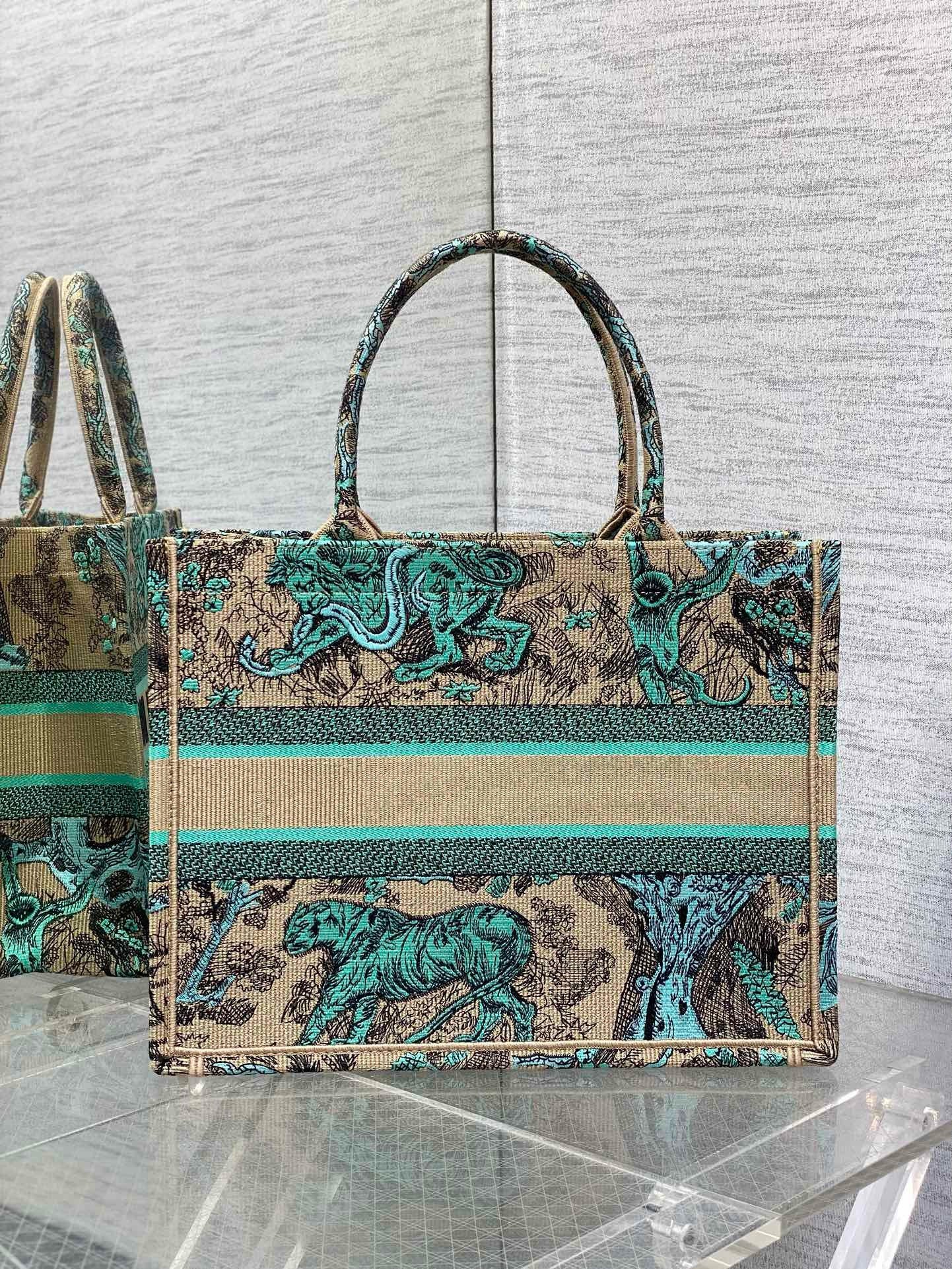 Dior Medium Dioriviera Book Tote in Raffia with Green Toile de Jouy Sauvage Embroidery