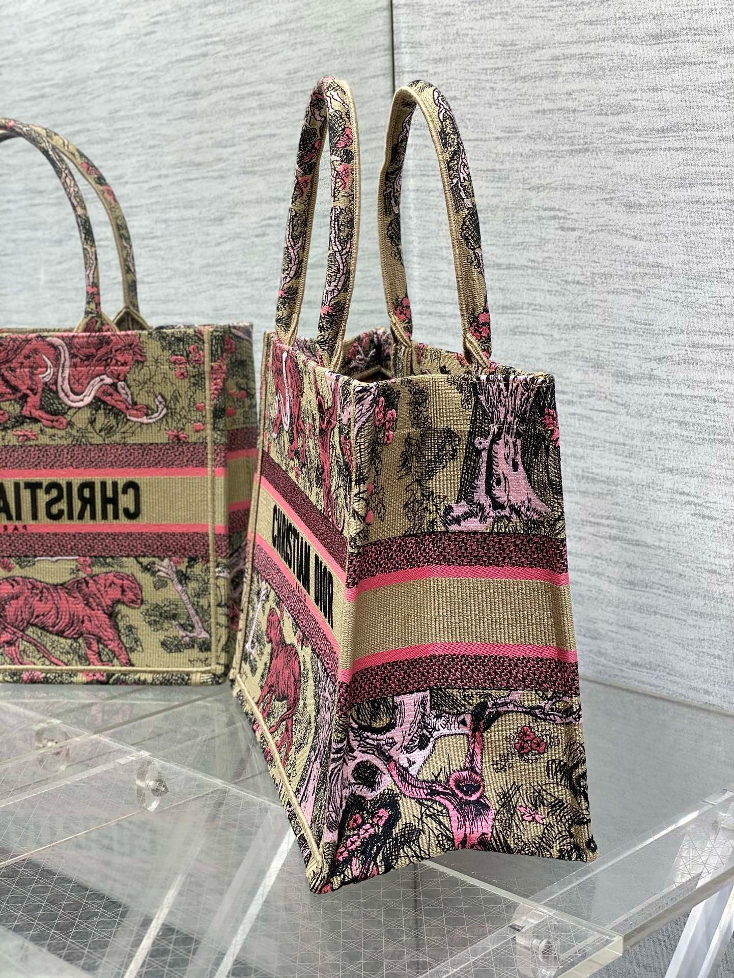 Dior Medium Dioriviera Book Tote in Raffia with Pink Toile de Jouy Sauvage Embroidery