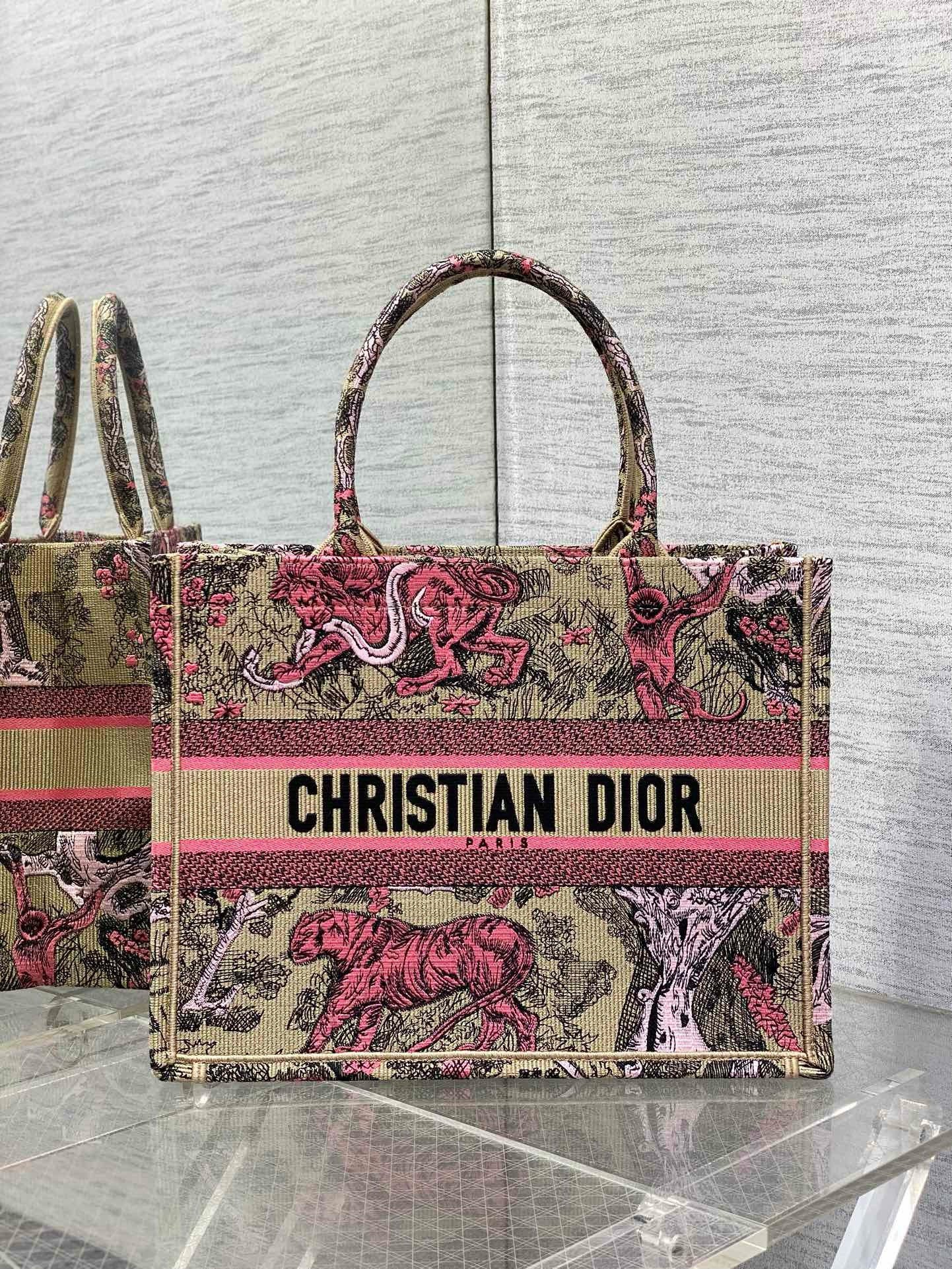 Dior Medium Dioriviera Book Tote in Raffia with Pink Toile de Jouy Sauvage Embroidery