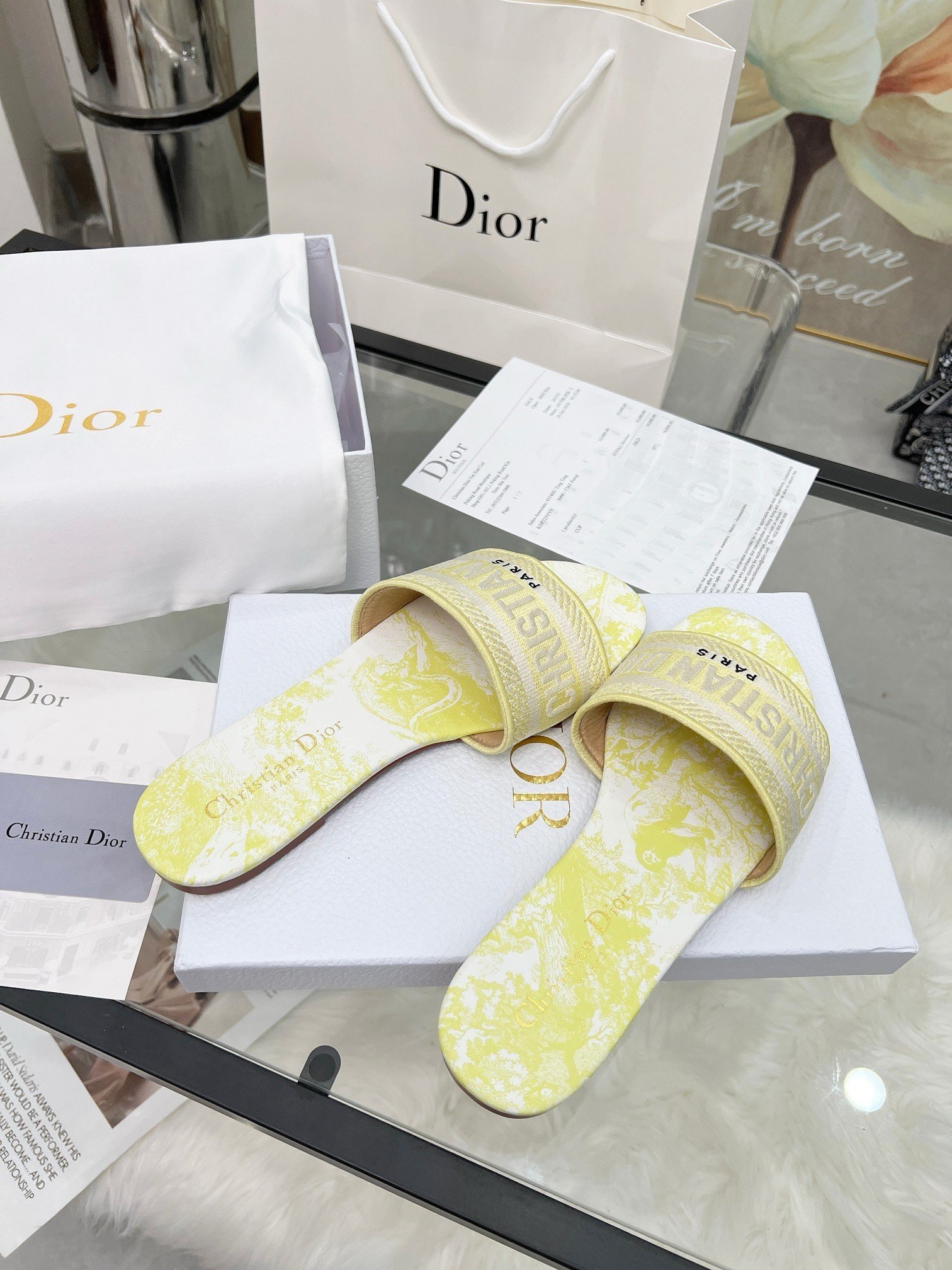 Dior Dioriviera Dway Slides in Lemon Yellow Toile de Jouy Sauvage Cotton