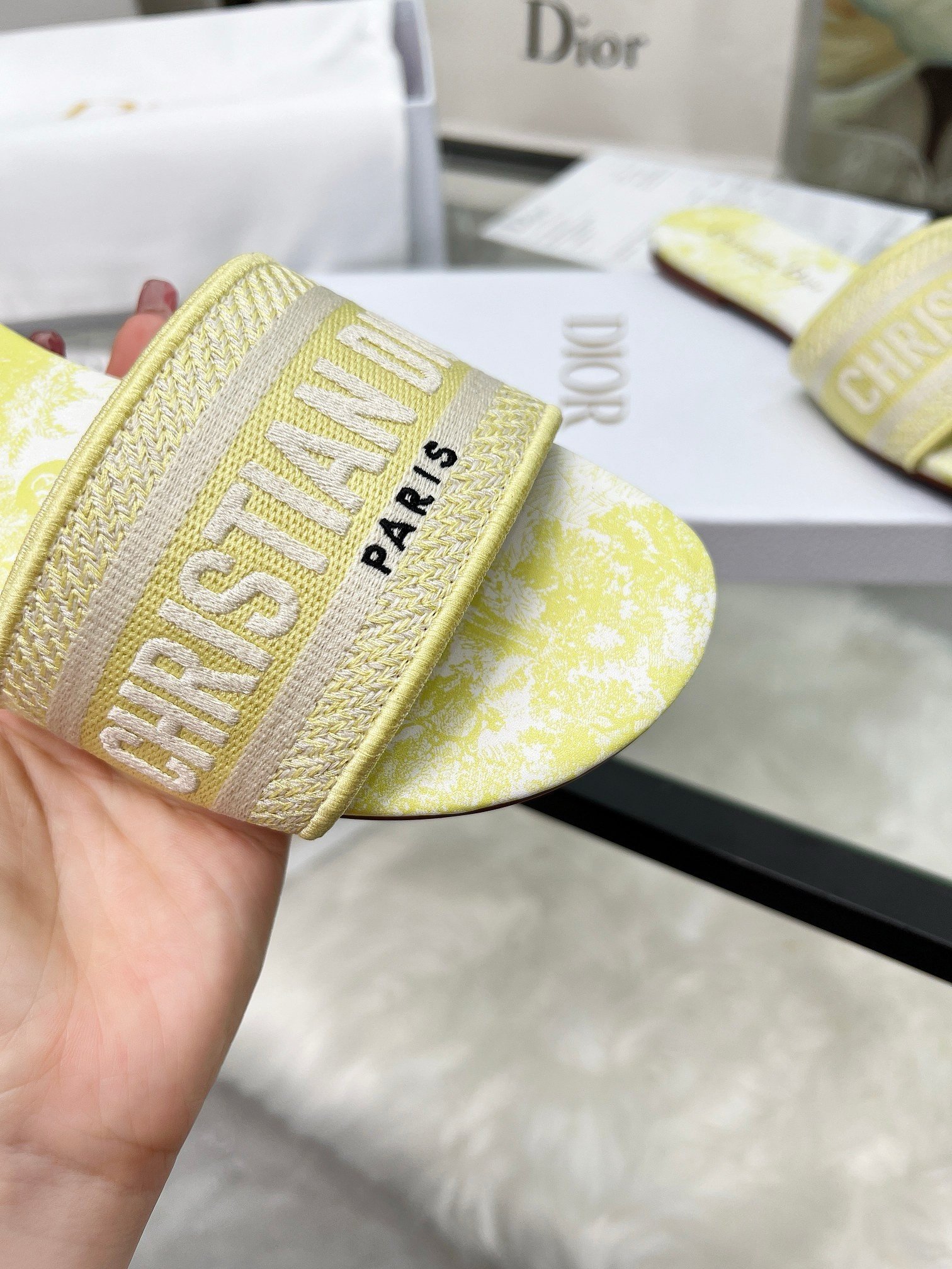 Dior Dioriviera Dway Slides in Lemon Yellow Toile de Jouy Sauvage Cotton