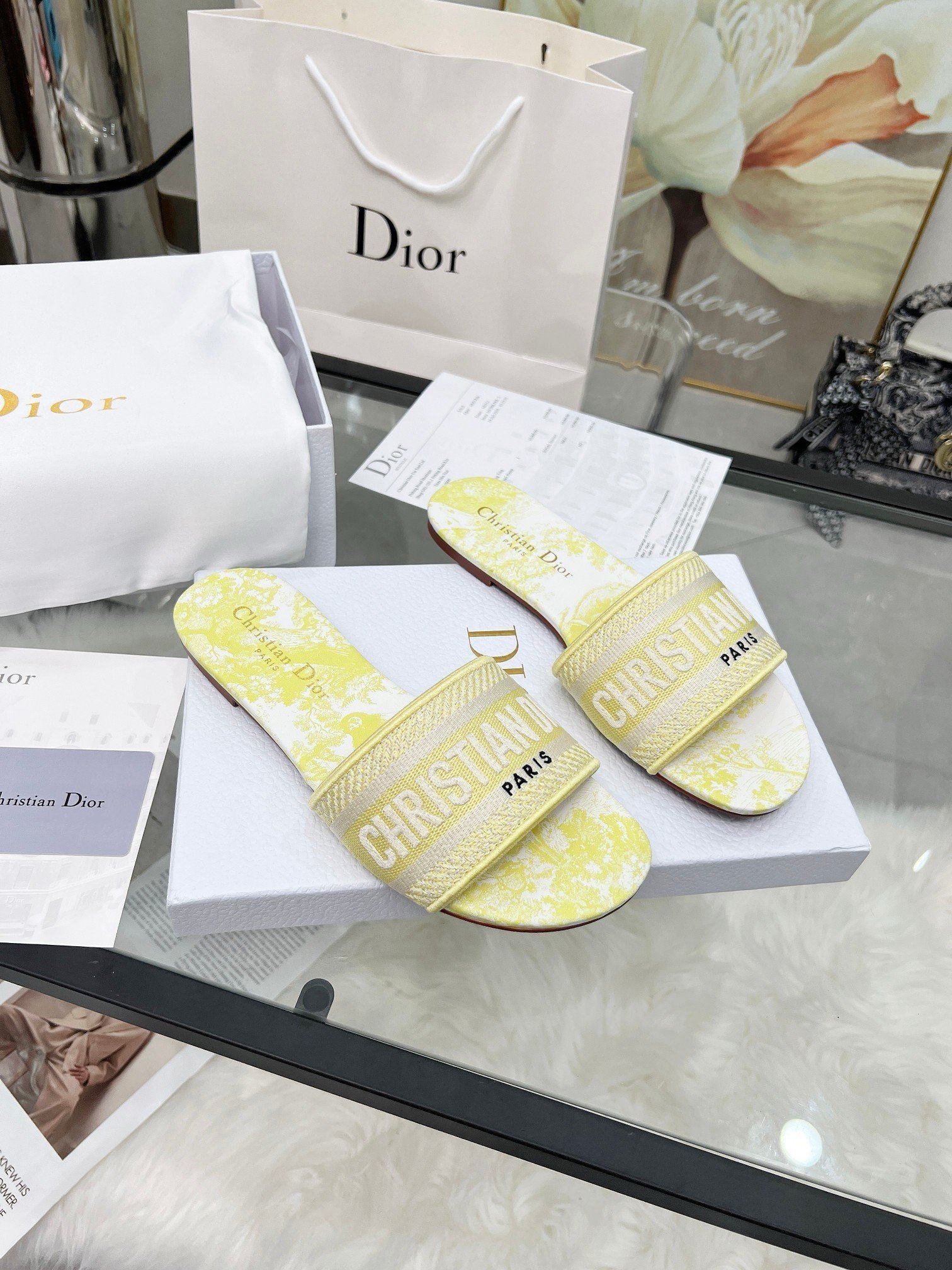 Dior Dioriviera Dway Slides in Lemon Yellow Toile de Jouy Sauvage Cotton