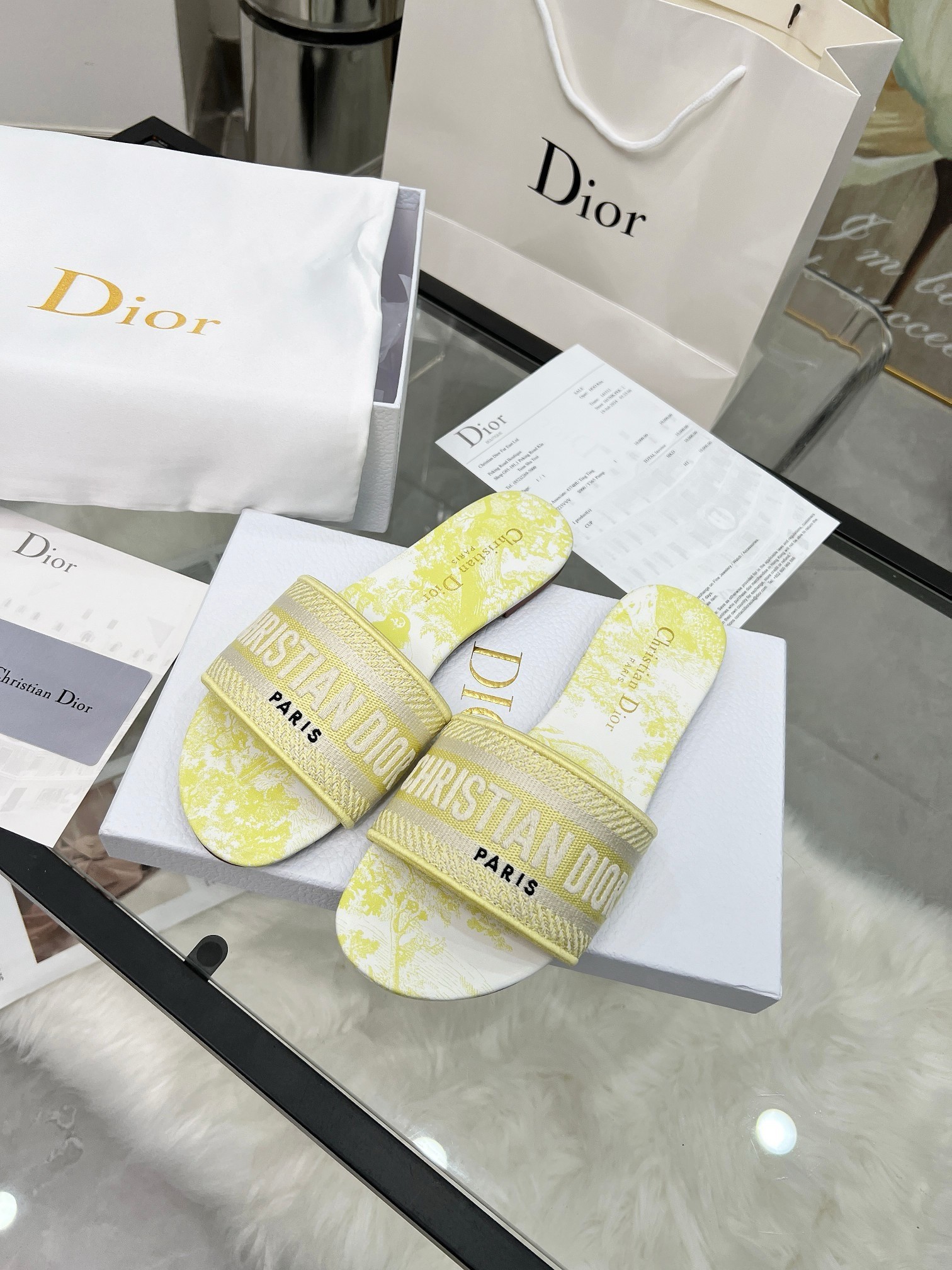 Dior Dioriviera Dway Slides in Lemon Yellow Toile de Jouy Sauvage Cotton