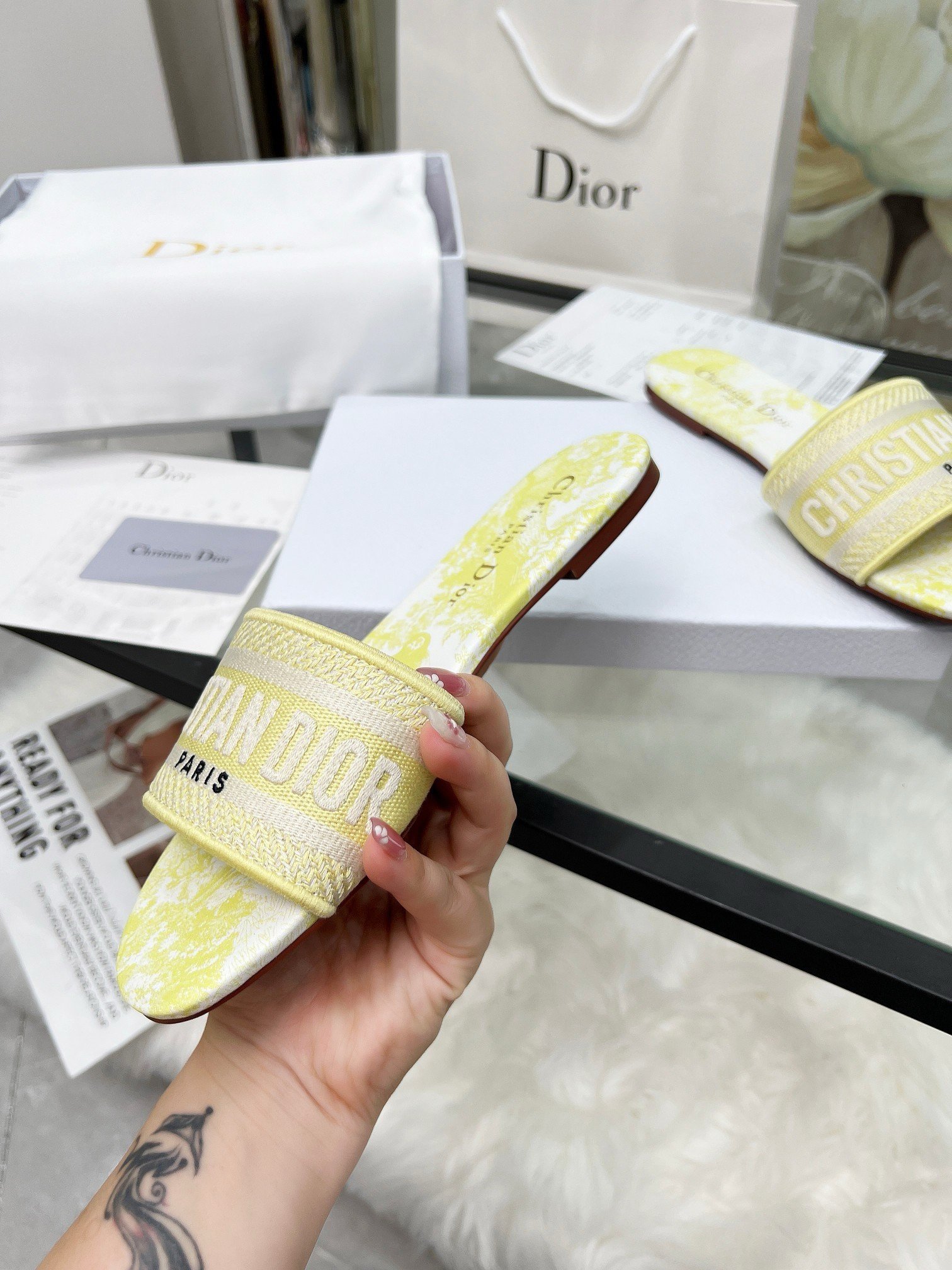 Dior Dioriviera Dway Slides in Lemon Yellow Toile de Jouy Sauvage Cotton