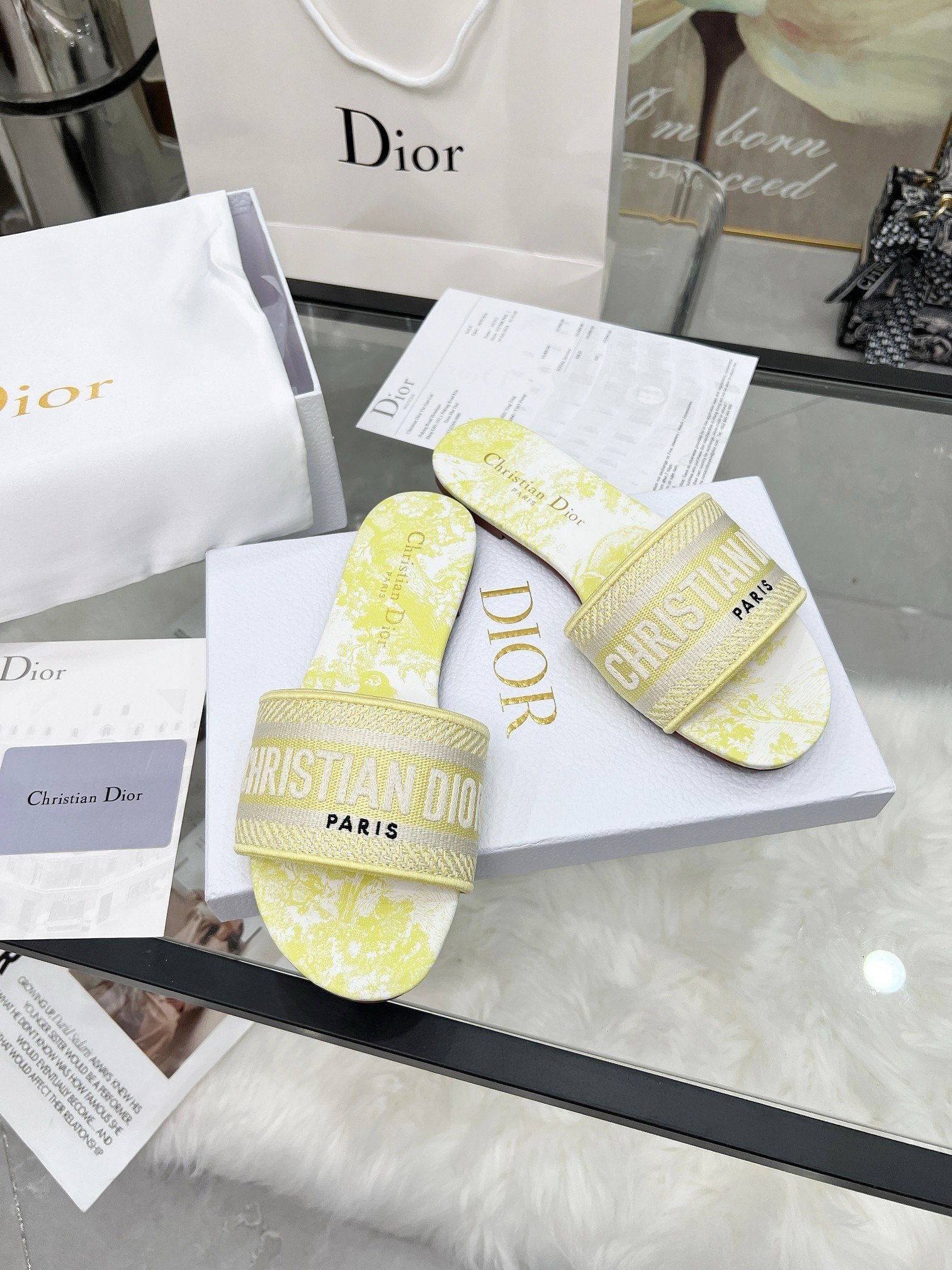 Dior Dioriviera Dway Slides in Lemon Yellow Toile de Jouy Sauvage Cotton