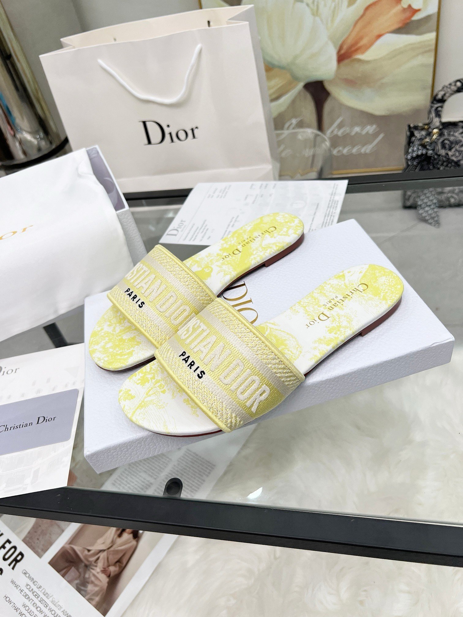 Dior Dioriviera Dway Slides in Lemon Yellow Toile de Jouy Sauvage Cotton