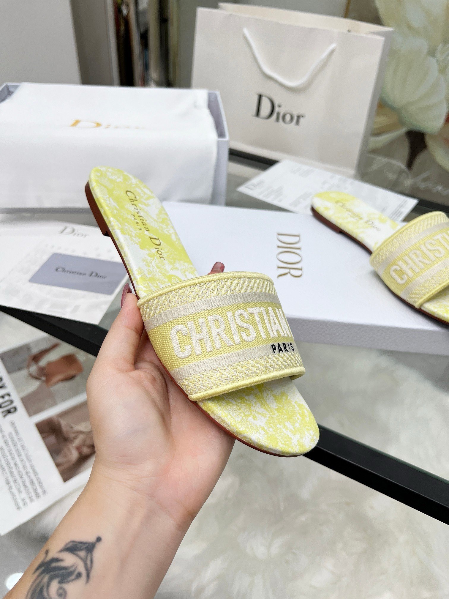 Dior Dioriviera Dway Slides in Lemon Yellow Toile de Jouy Sauvage Cotton