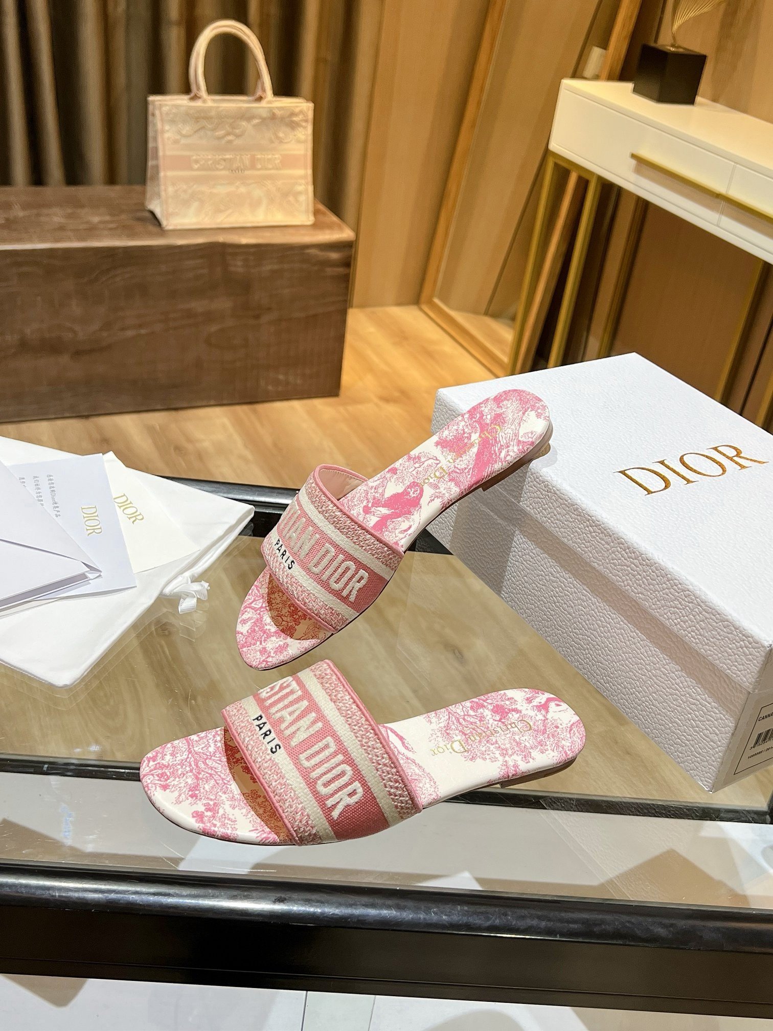 Dior Dioriviera Dway Slides in Coral Toile de Jouy Sauvage Cotton