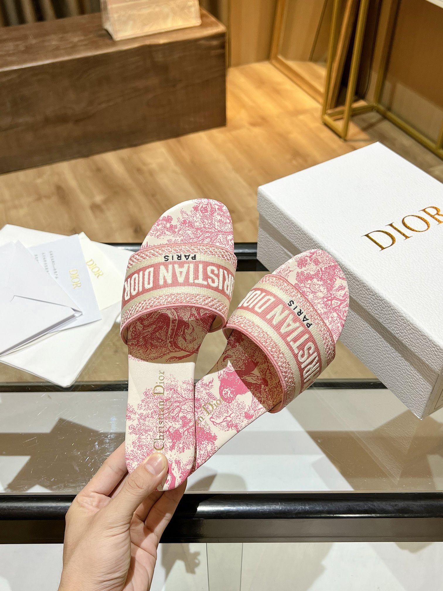 Dior Dioriviera Dway Slides in Coral Toile de Jouy Sauvage Cotton