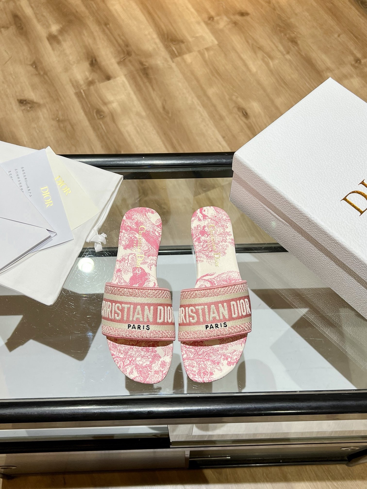 Dior Dioriviera Dway Slides in Coral Toile de Jouy Sauvage Cotton