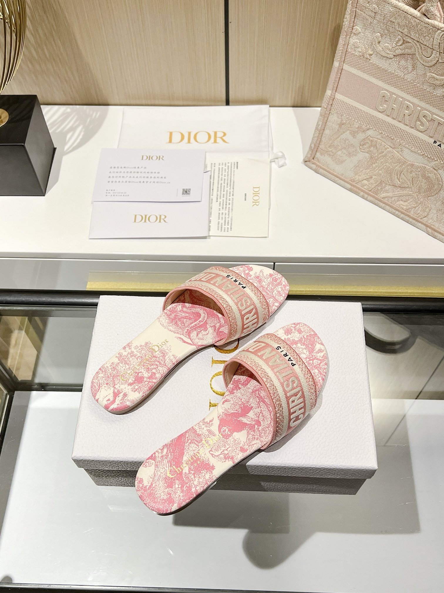 Dior Dioriviera Dway Slides in Coral Toile de Jouy Sauvage Cotton