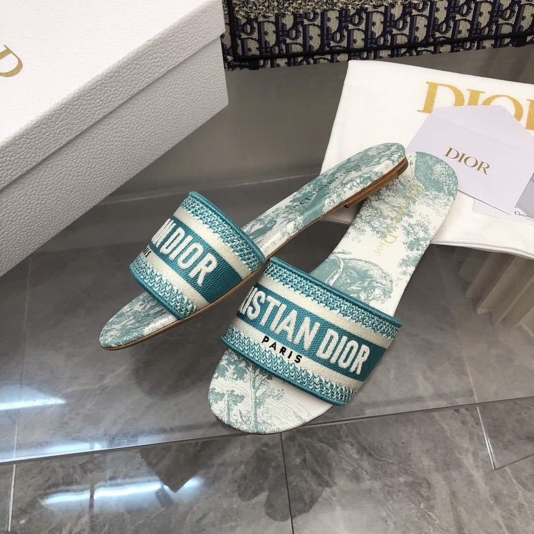 Dior Dioriviera Dway Slides in Aquamarina Toile de Jouy Sauvage Cotton