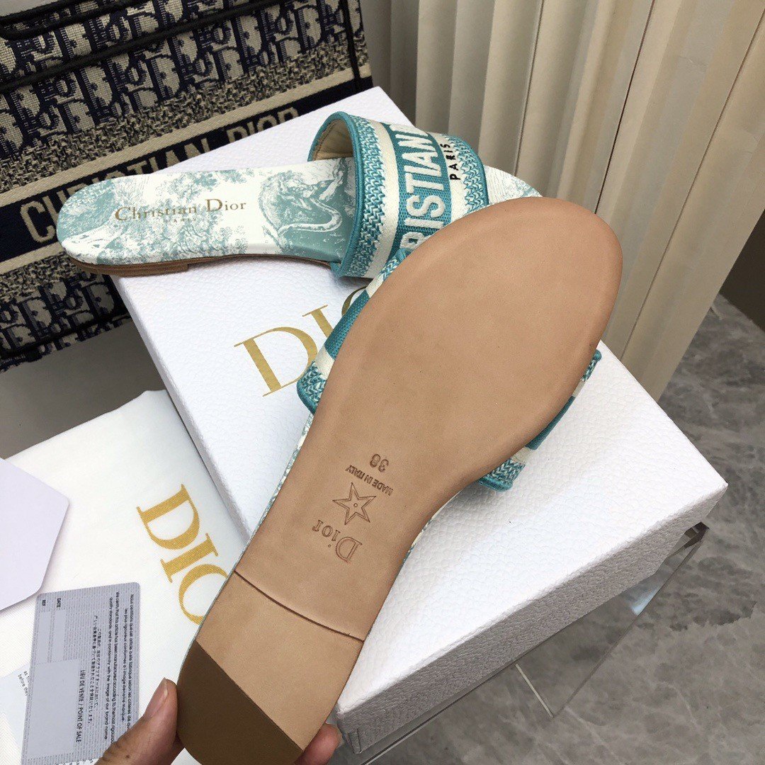 Dior Dioriviera Dway Slides in Aquamarina Toile de Jouy Sauvage Cotton