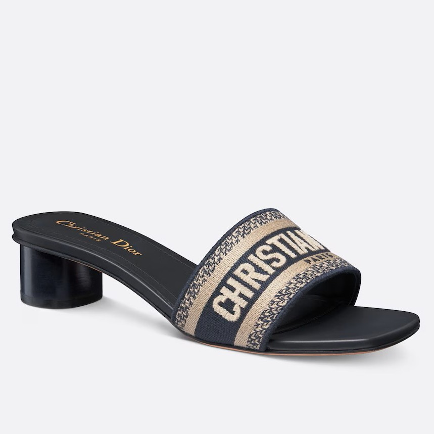 Dior Dway Heeled 35MM Slides in Deep Blue Embroidered Cotton