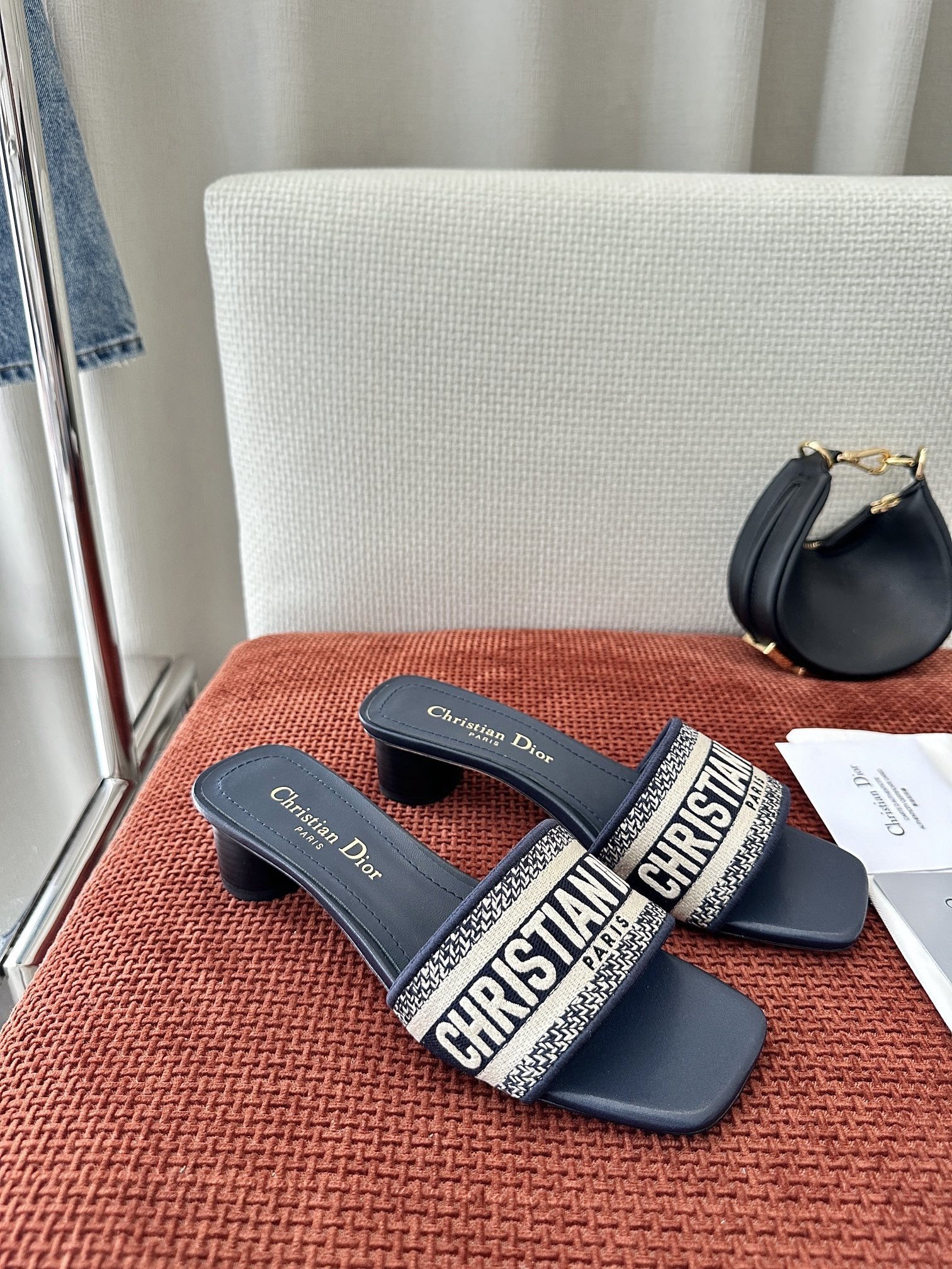 Dior Dway Heeled 35MM Slides in Deep Blue Embroidered Cotton