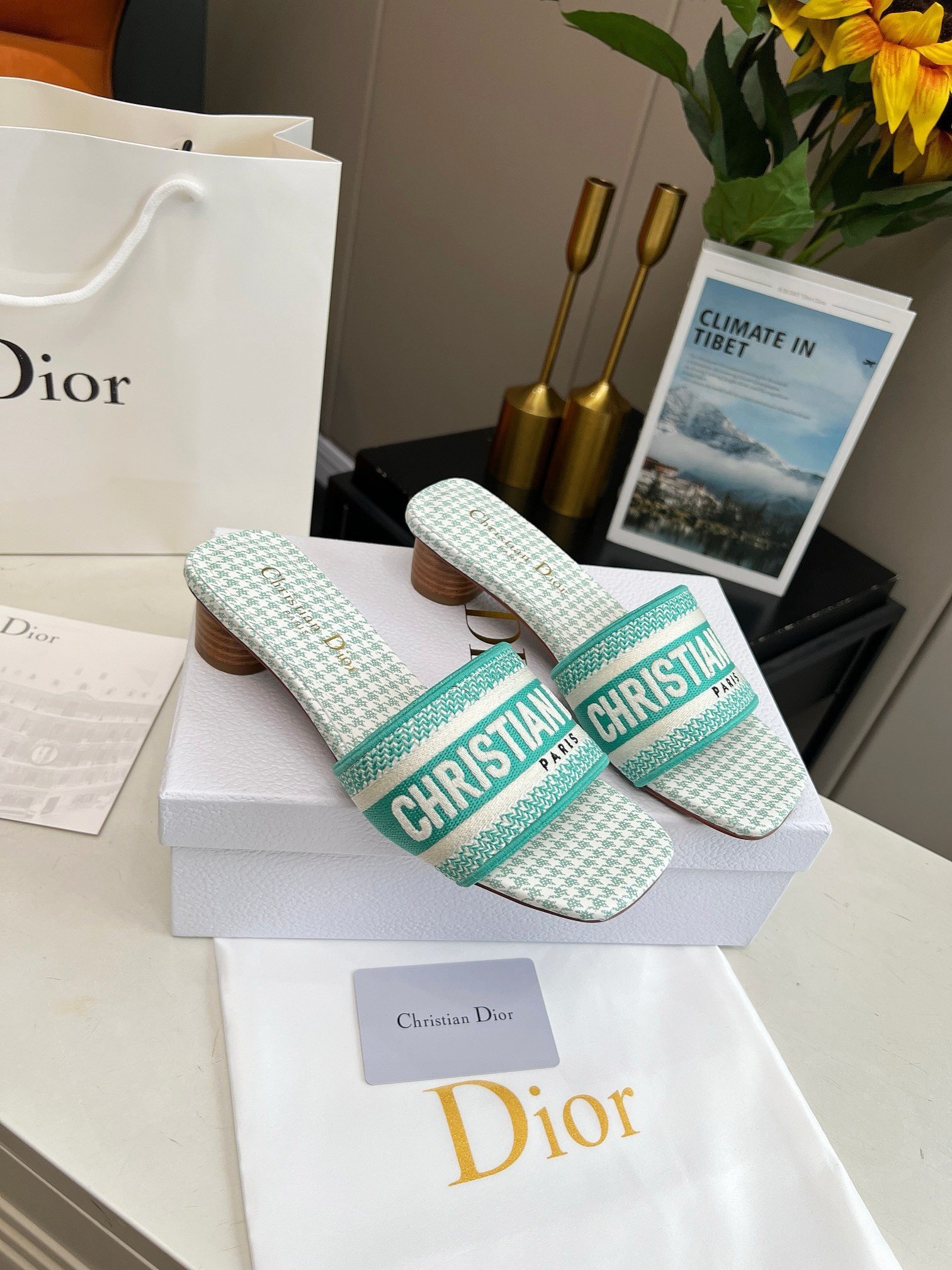 Dior Dway Heeled 35MM Slides in Green Houndstooth Embroidered Cotton