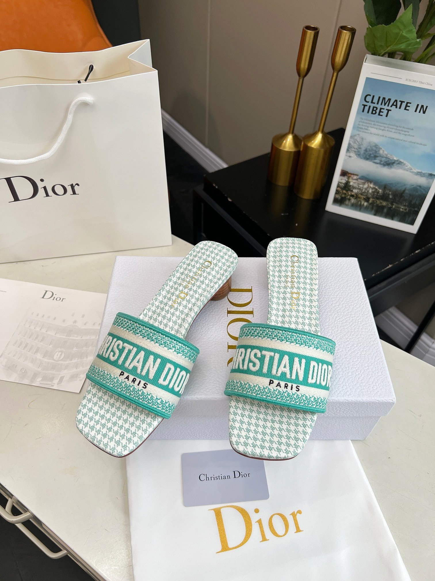 Dior Dway Heeled 35MM Slides in Green Houndstooth Embroidered Cotton