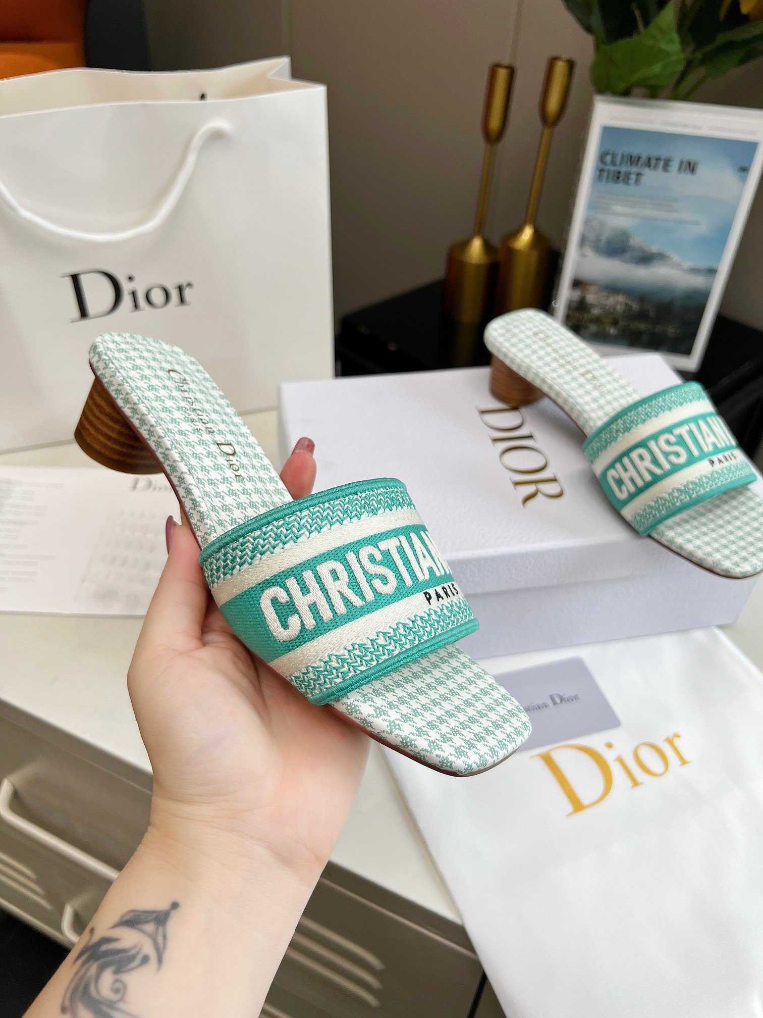 Dior Dway Heeled 35MM Slides in Green Houndstooth Embroidered Cotton