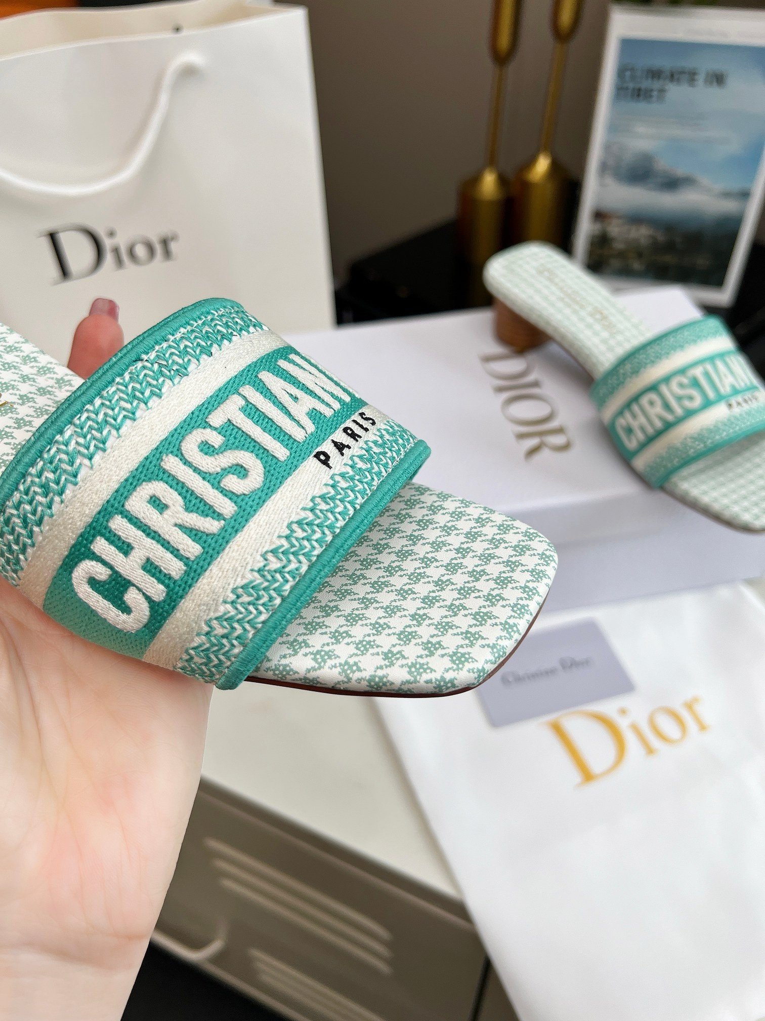 Dior Dway Heeled 35MM Slides in Green Houndstooth Embroidered Cotton