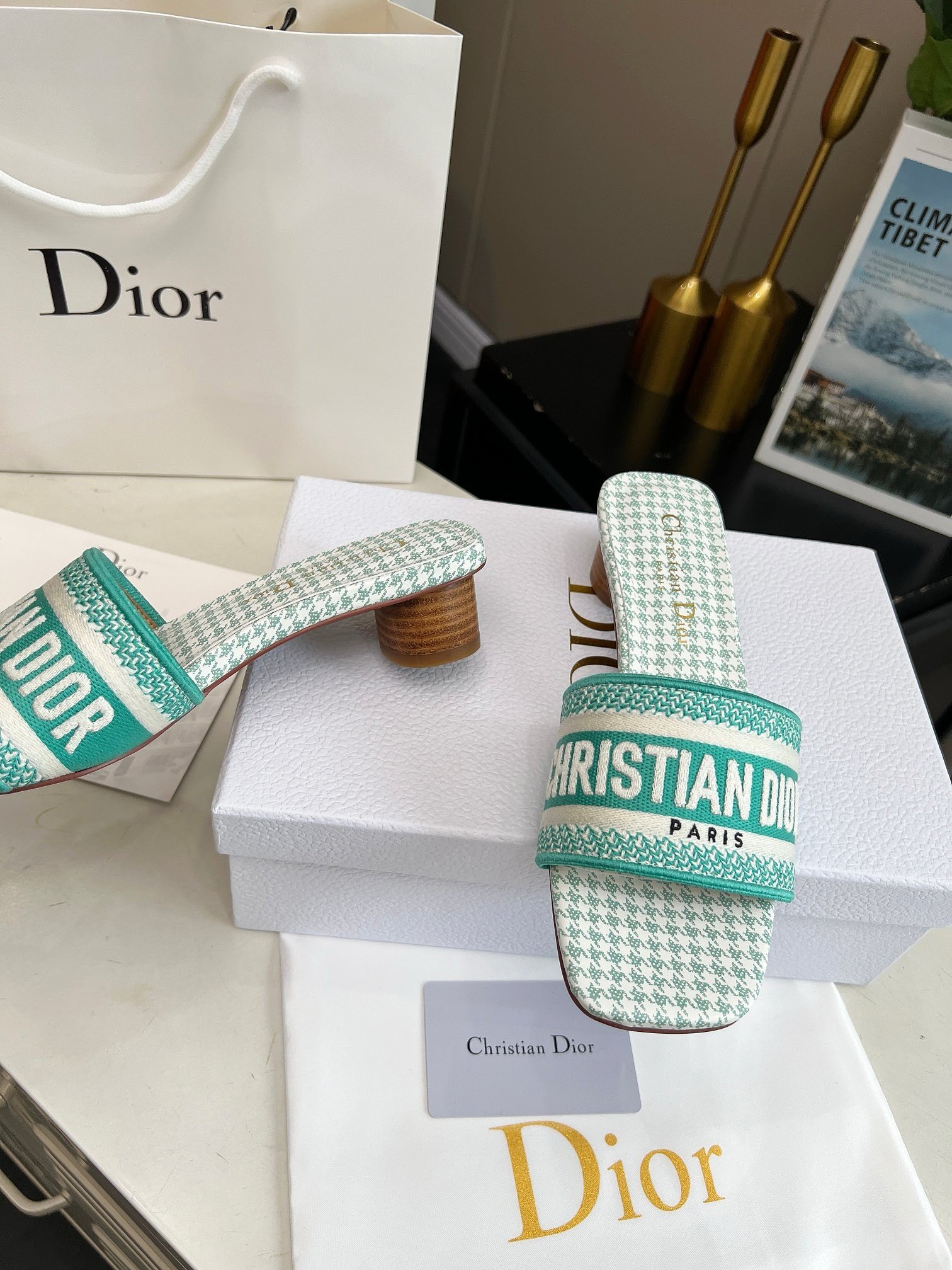 Dior Dway Heeled 35MM Slides in Green Houndstooth Embroidered Cotton