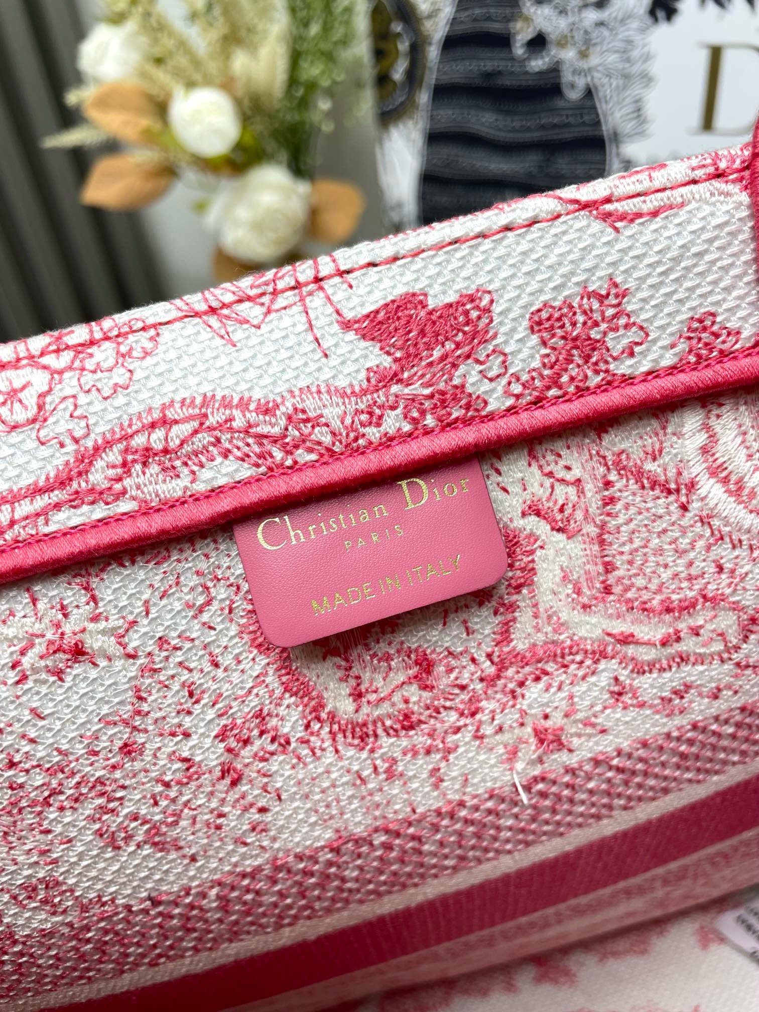 Dior Medium Dioriviera Book Tote in Pink Toile de Jouy Embroidery