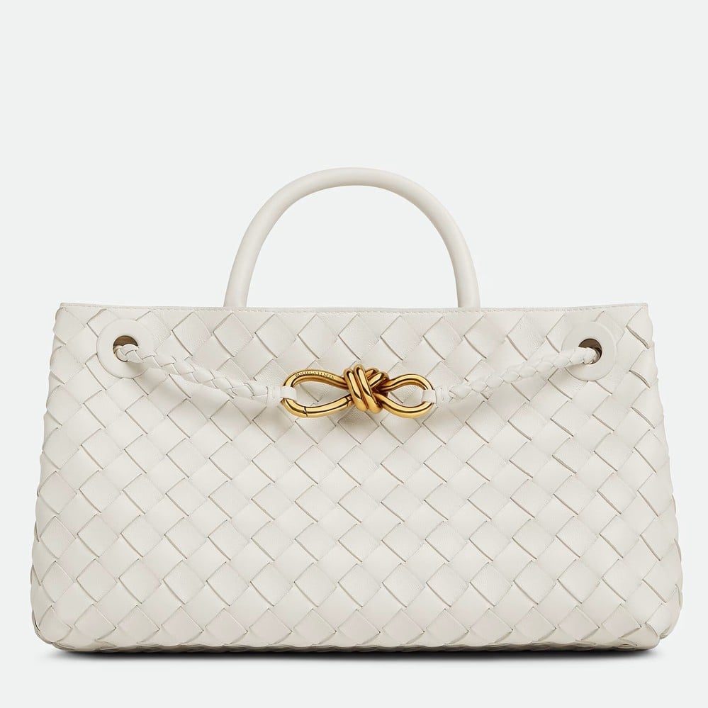 Bottega Veneta Andiamo Small East/West Bag in White Intrecciato Lambskin