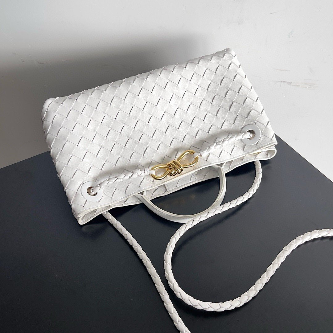 Bottega Veneta Andiamo Small East/West Bag in White Intrecciato Lambskin