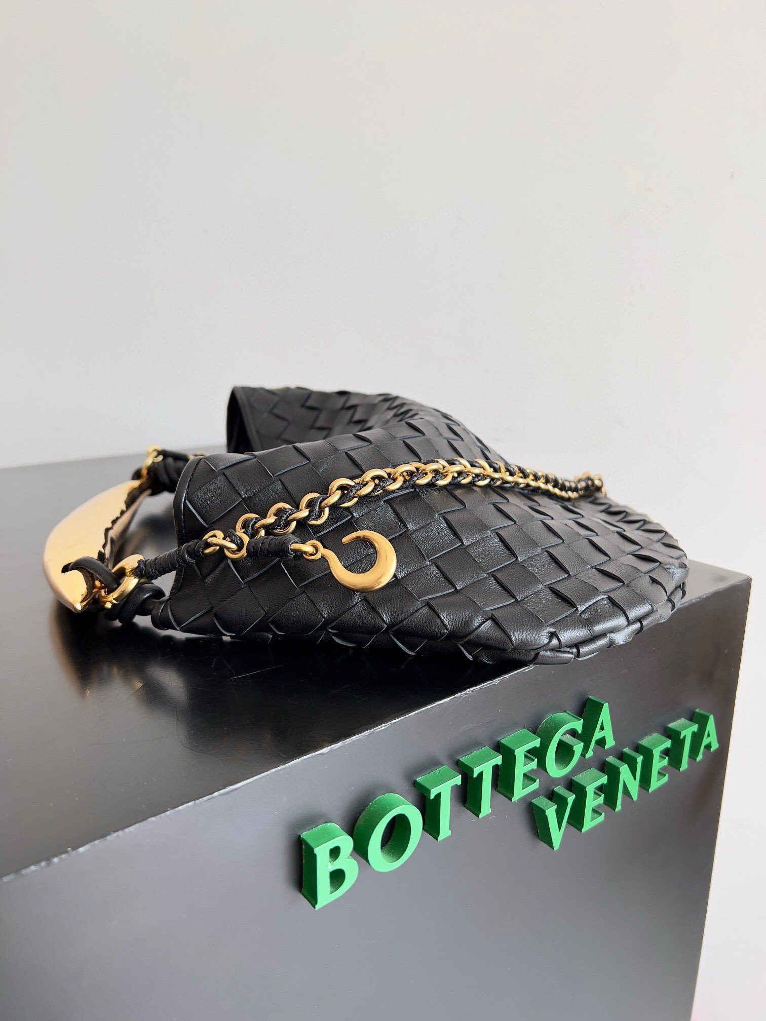 Bottega Veneta Sardine Small Bag with Chain in Black Lambskin