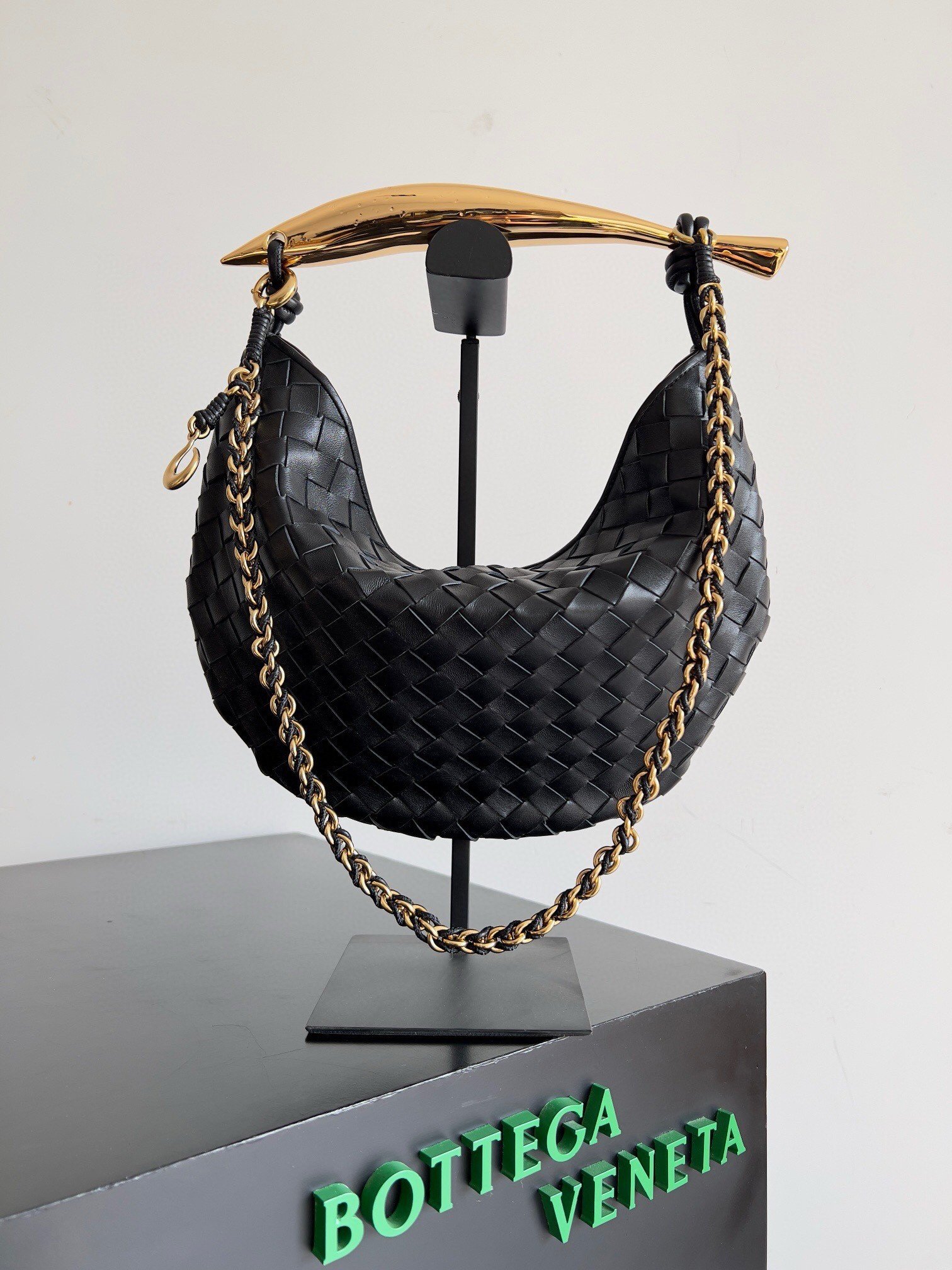 Bottega Veneta Sardine Small Bag with Chain in Black Lambskin