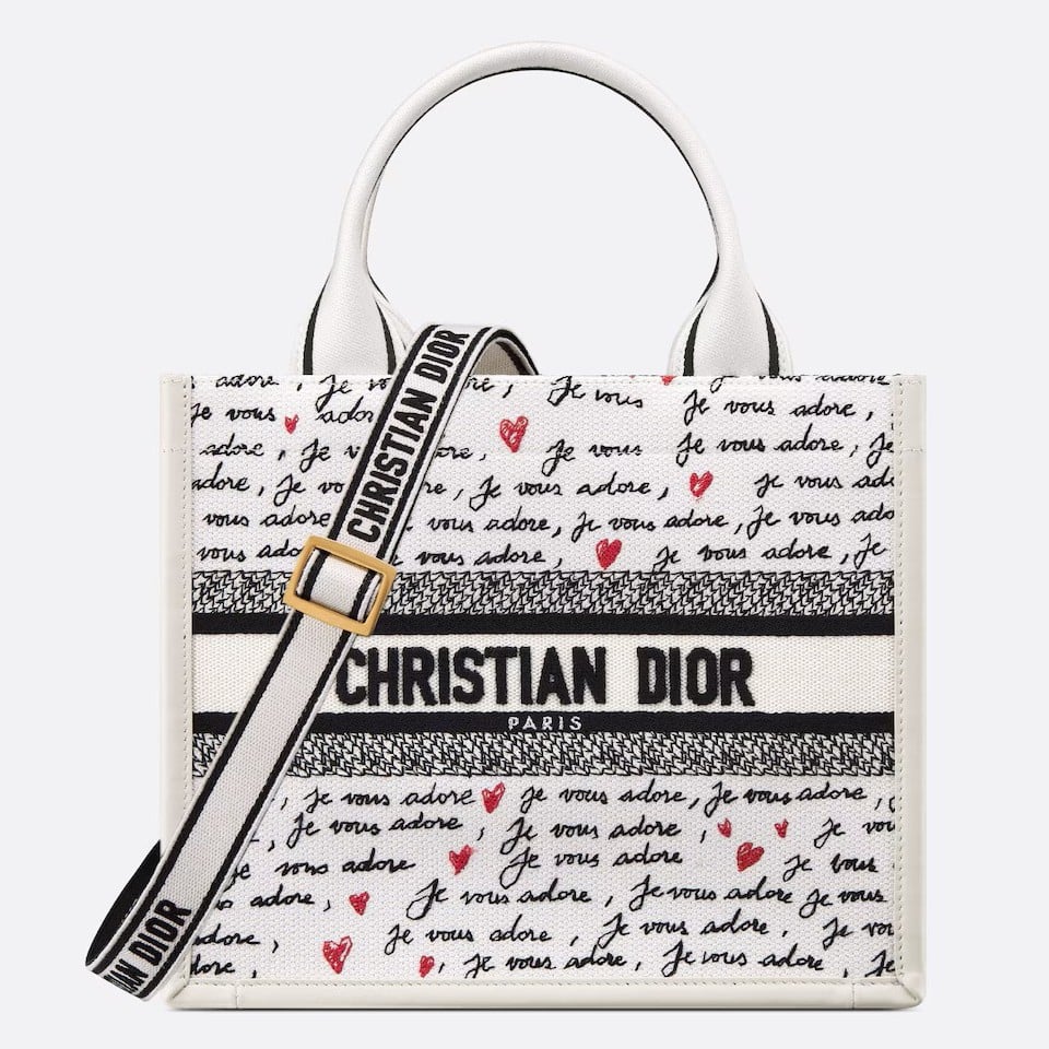 Dior Dioramour Small Book Tote Bag with Strap in Je Vous Adore Embroidery and White Calfskin